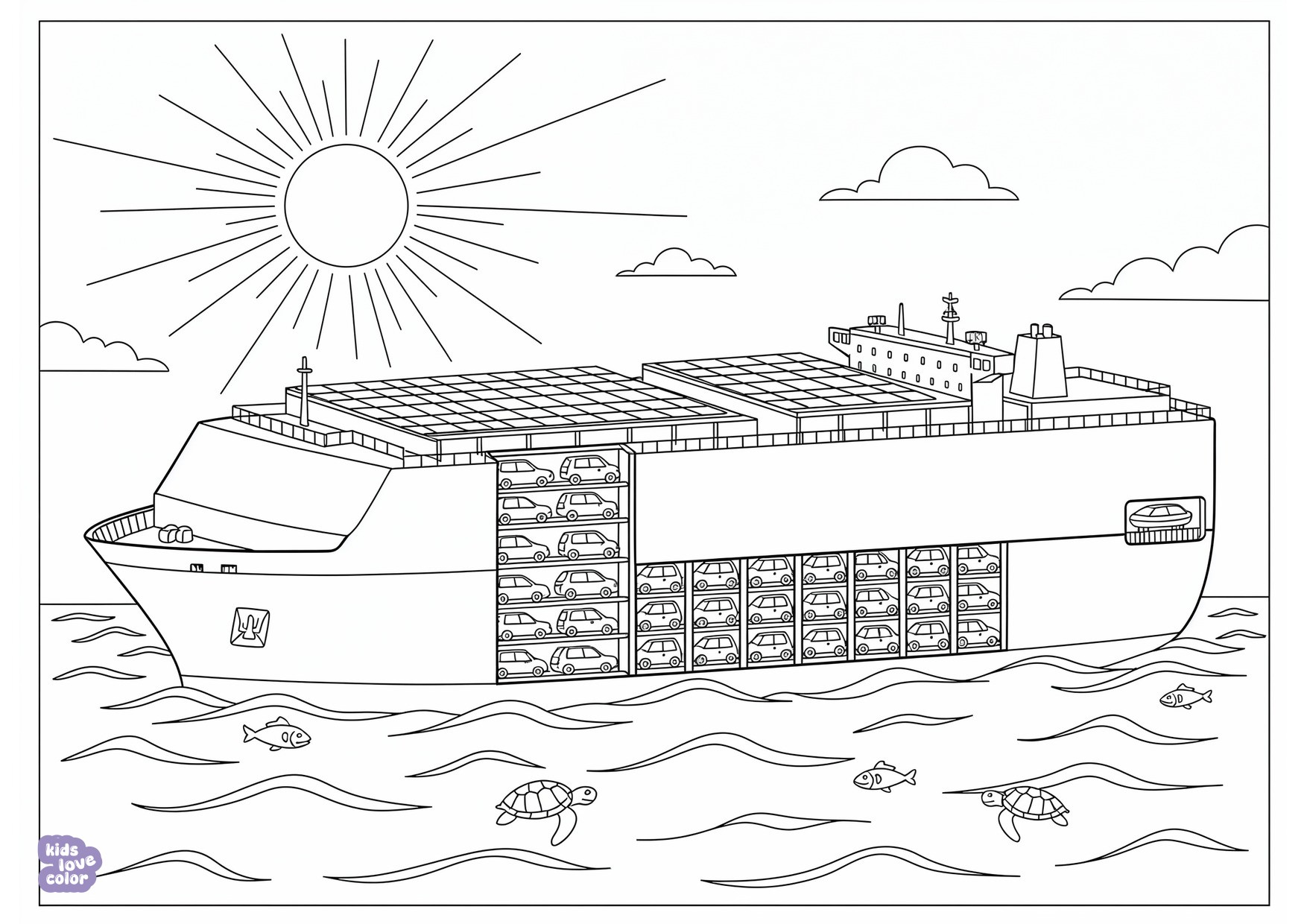 Gratis kleurplaat een enorm vrachtschip vol zonnepanelen dat auto's over de oceaan vervoert – kinderen
