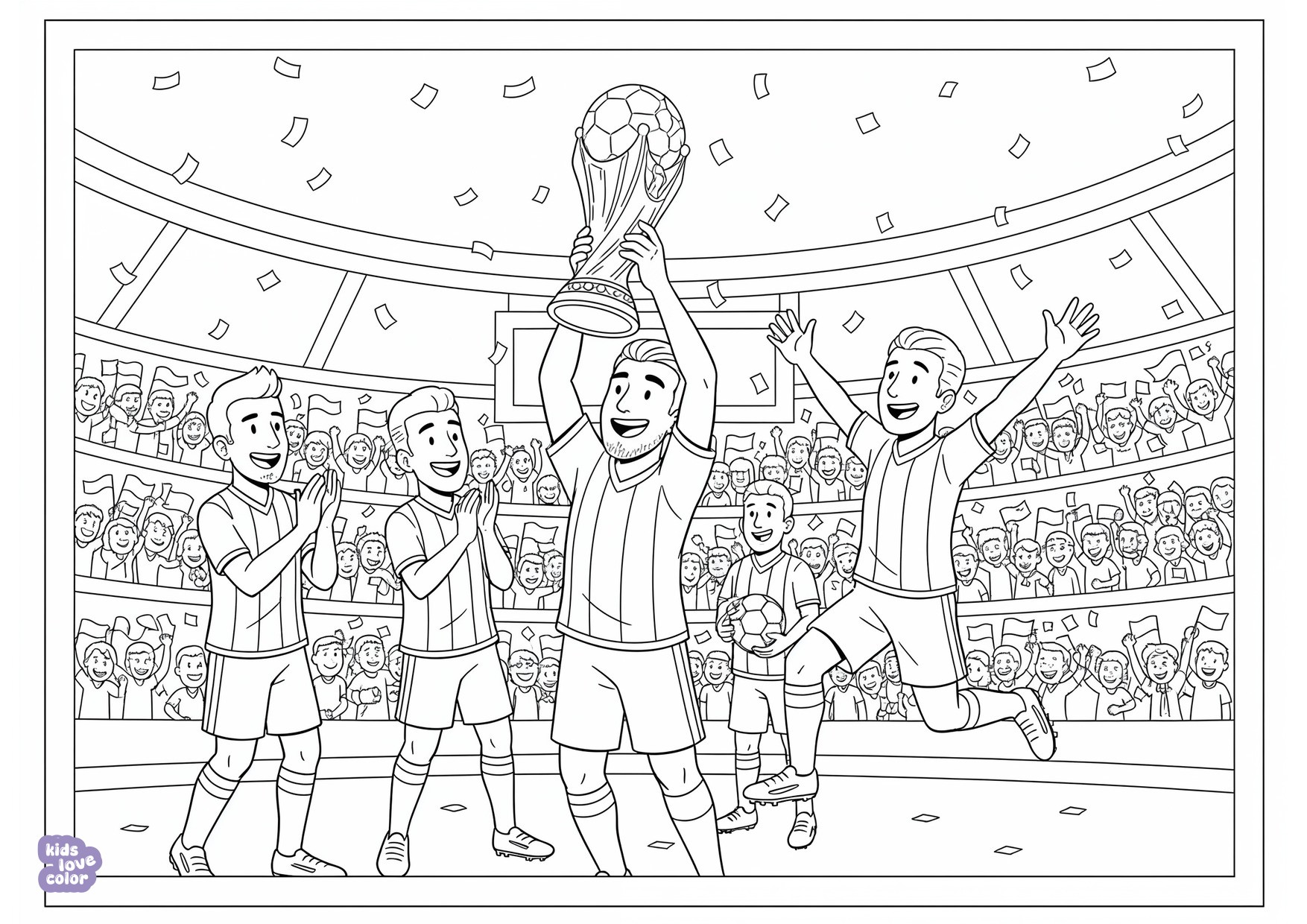 Gratis kleurplaat voetballers die een wereldkampioenschap vieren met een beker en confetti – kinderen