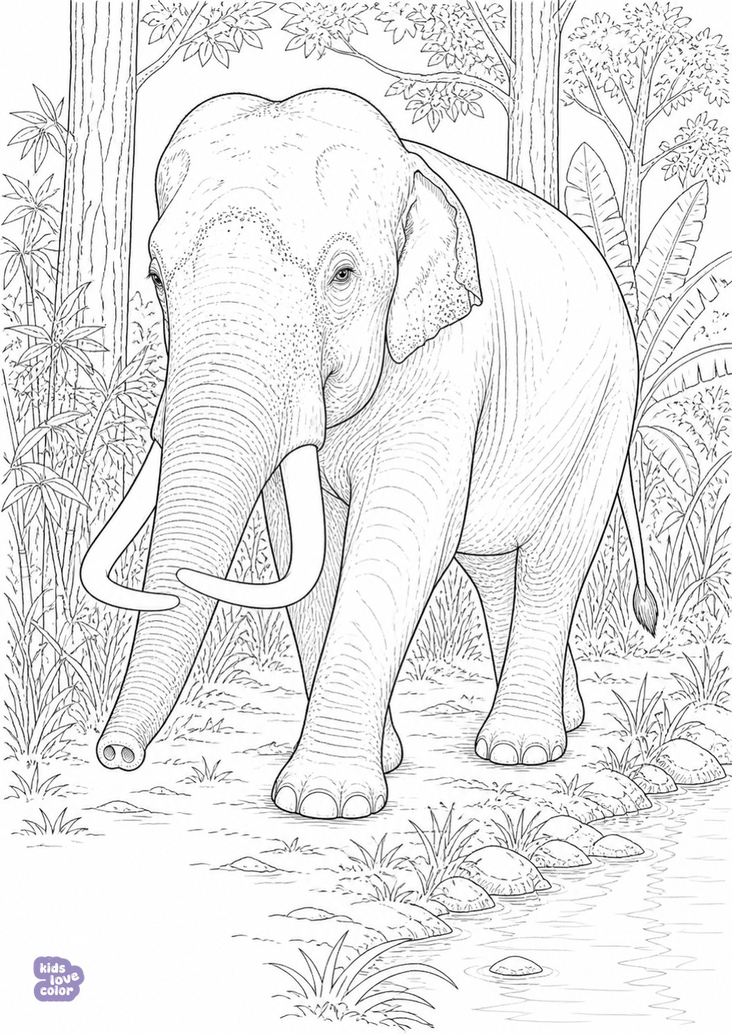 Realistische kleurplaat van een Aziatische olifant tussen gras, struiken en bomen