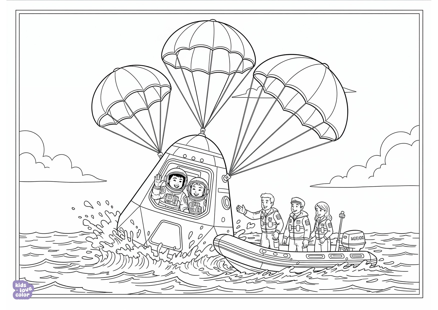 Gratis kleurplaat astronauten die terugkeren naar de aarde met een ruimtecapsule aan parachutes boven de oceaan – kinderen