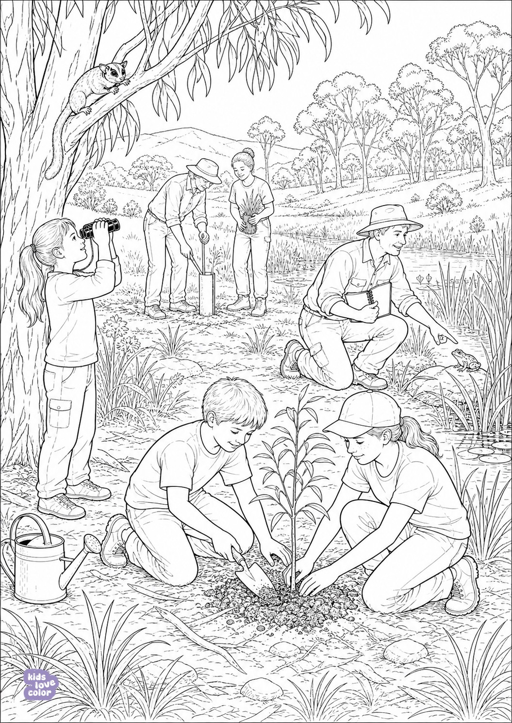 Gedetailleerde kleurplaat van kinderen die een boom planten en Australische dieren onderzoeken