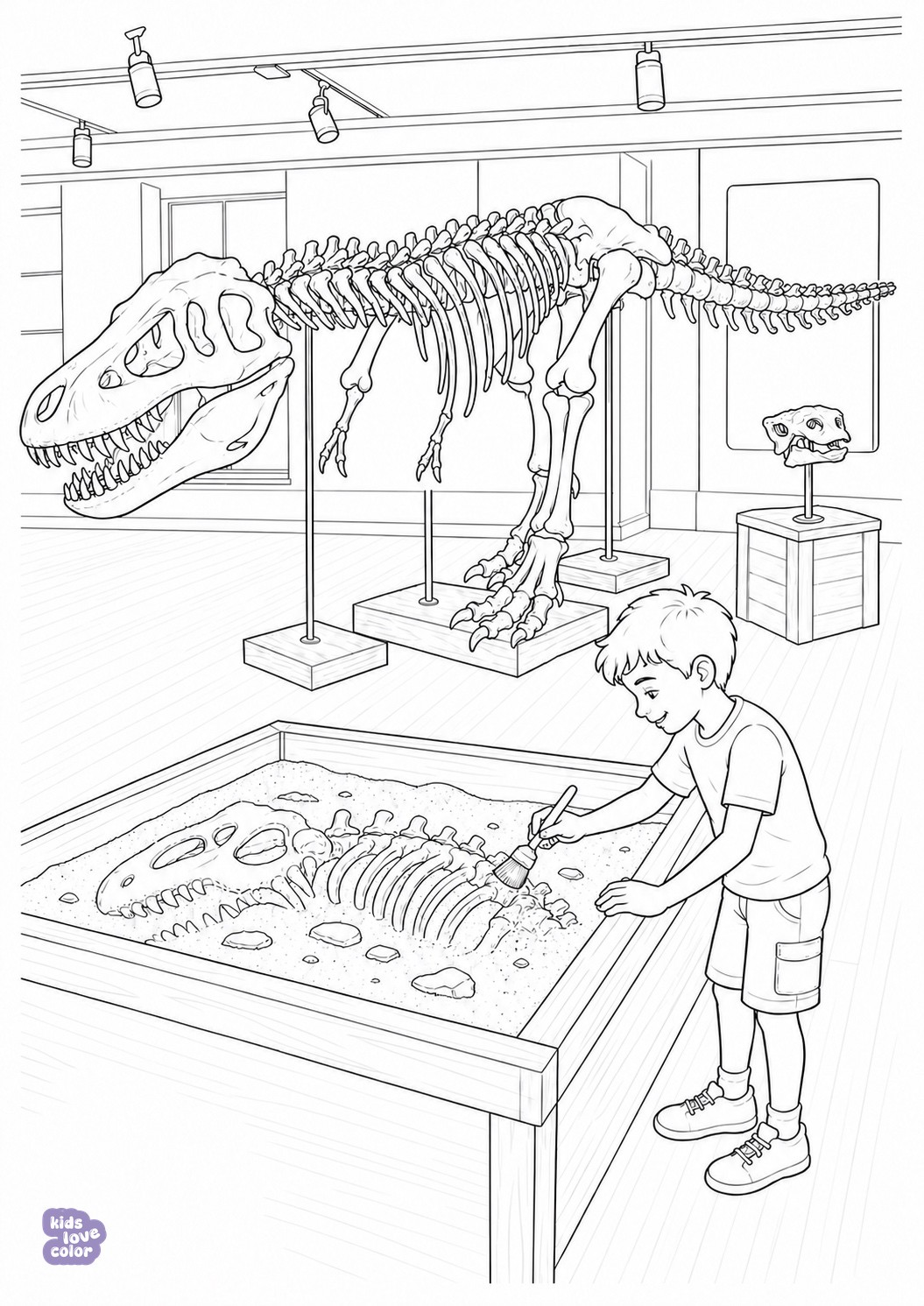 Realistische kleurplaat van een kind bij een T-rex-skelet en fossielen in een museum