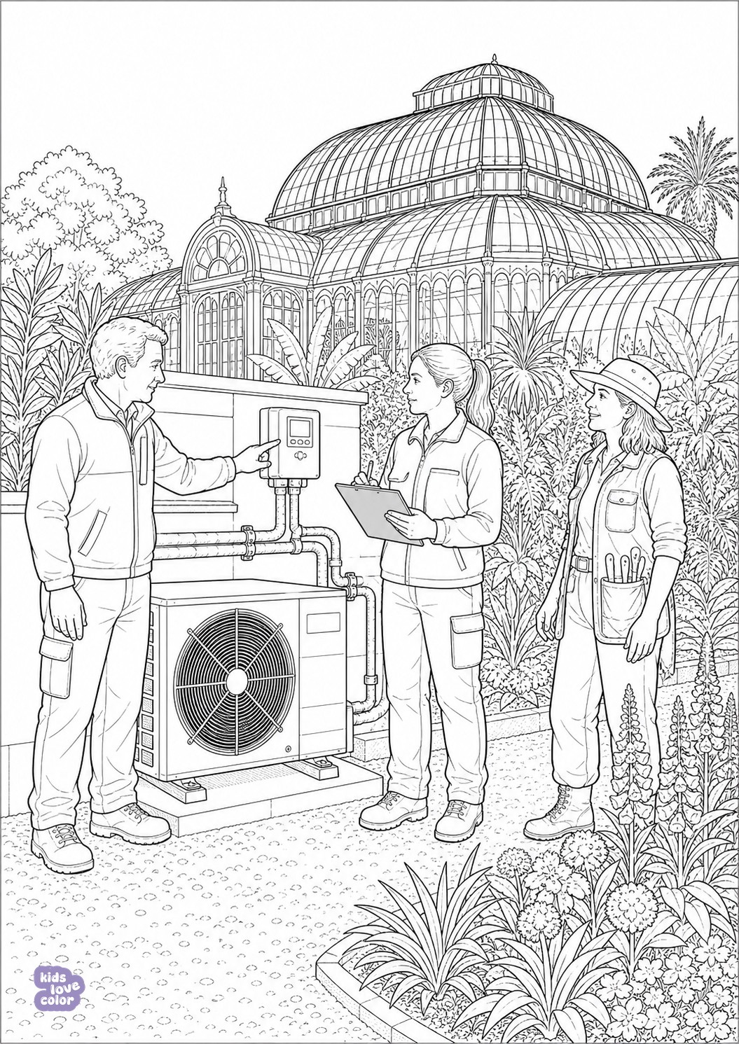 Gedetailleerde kleurplaat van Kew Gardens met een Victoriaanse kas, warmtepomp en drie tuinmedewerkers