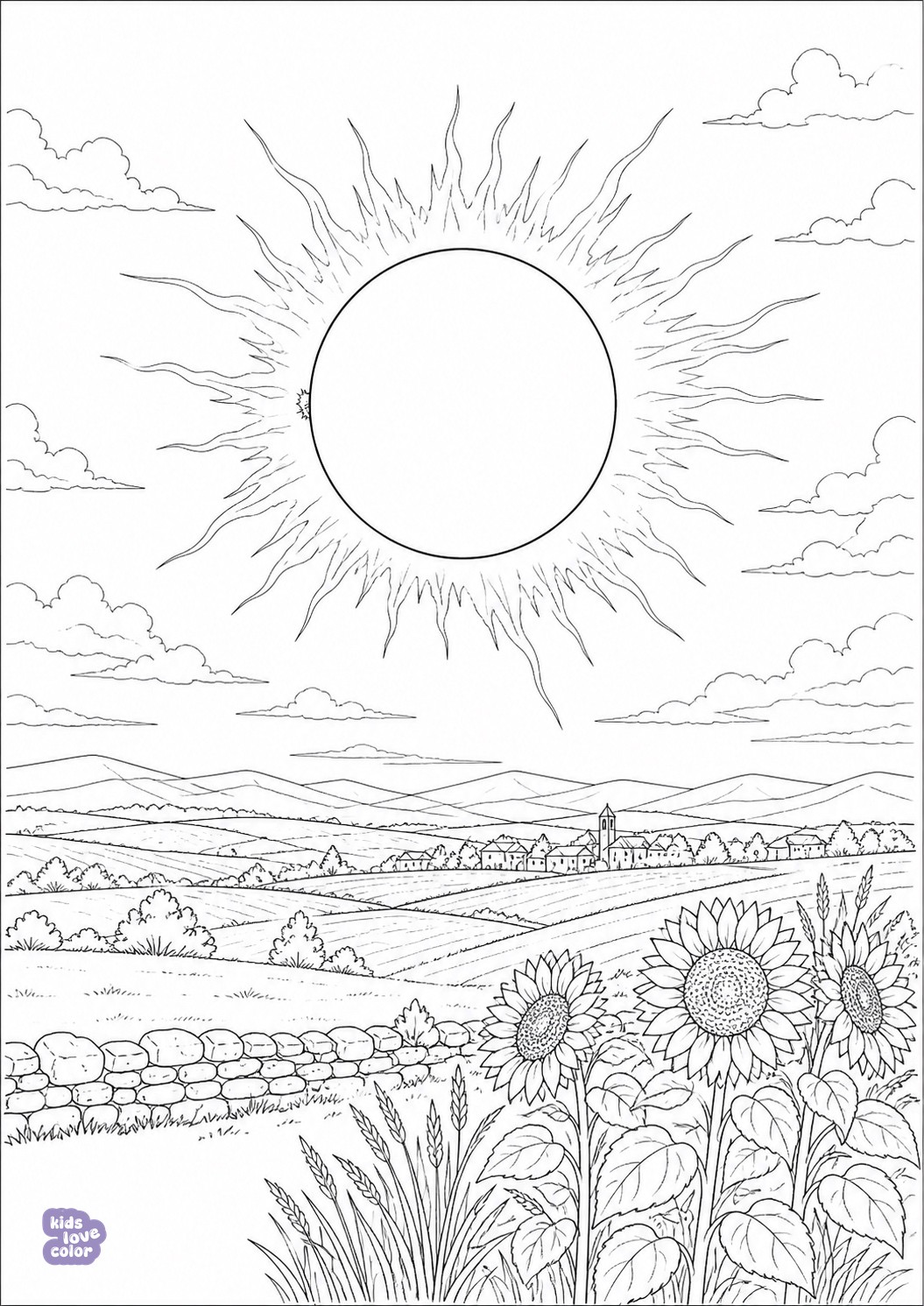 Realistische kleurplaat van de totale zonsverduistering en de zonnecorona boven het landschap bij León