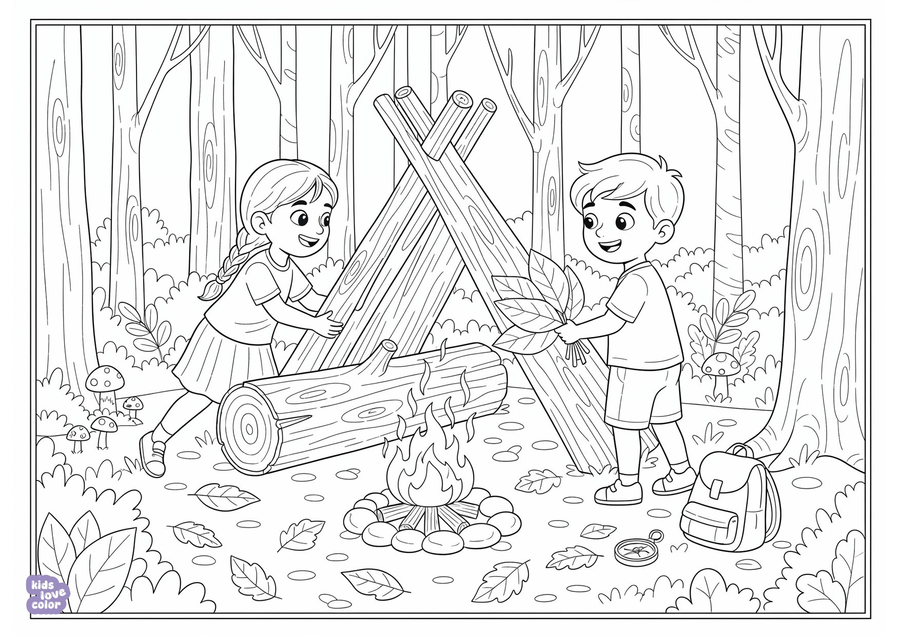 Gratis kleurplaat kinderen die bushcraft overlevingsvaardigheden leren in het bos – kinderen