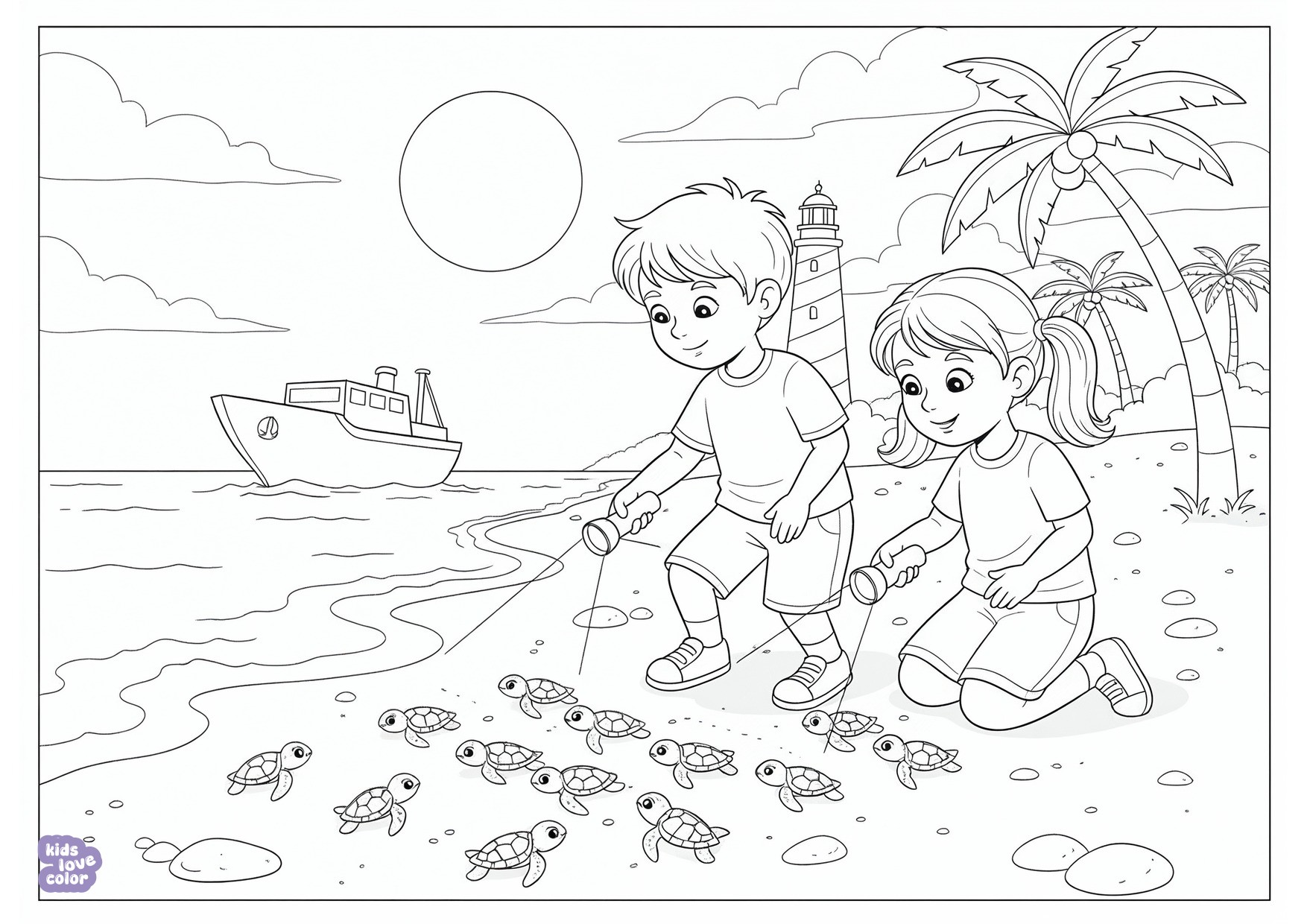 Gratis kleurplaat kinderen die baby zeeschildpadjes helpen naar de zee te kruipen – kinderen