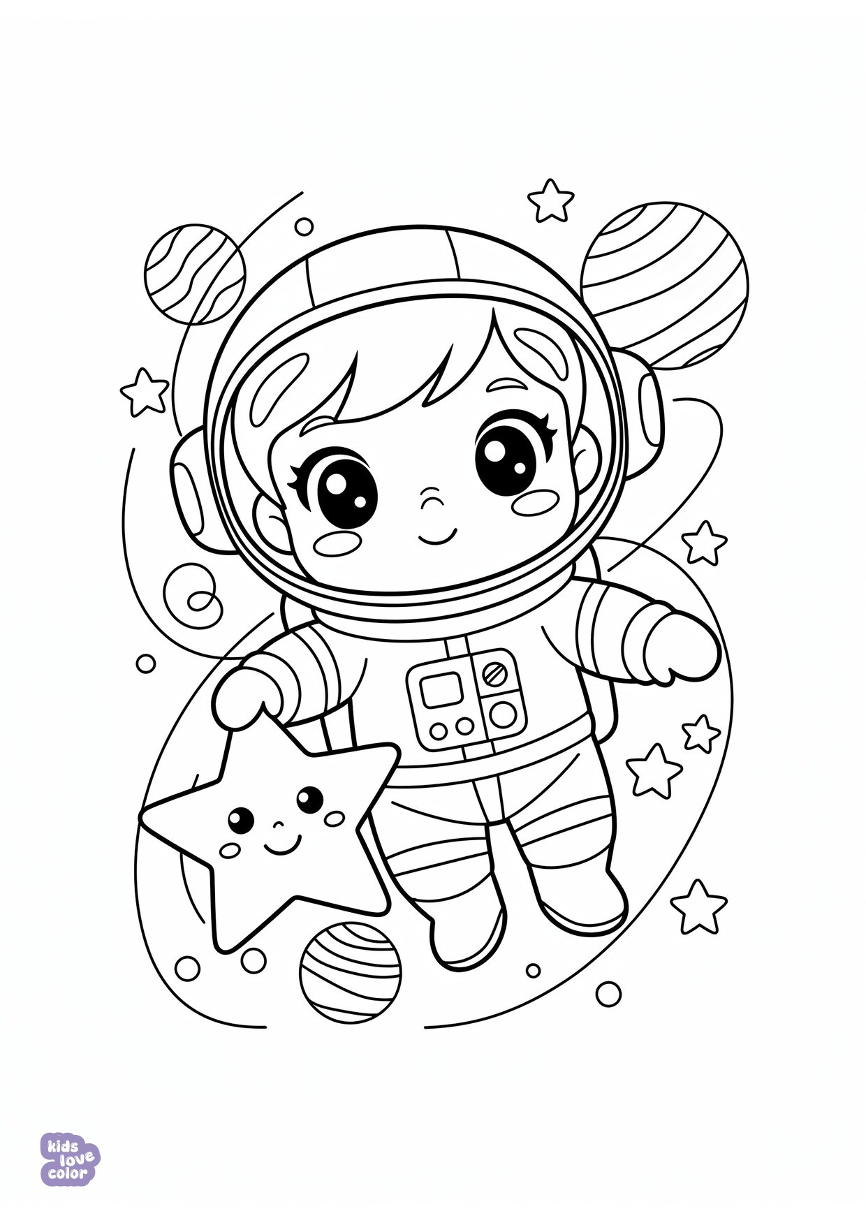 Gratis kleurplaat chibi astronaut zwevend met een ster – kinderen