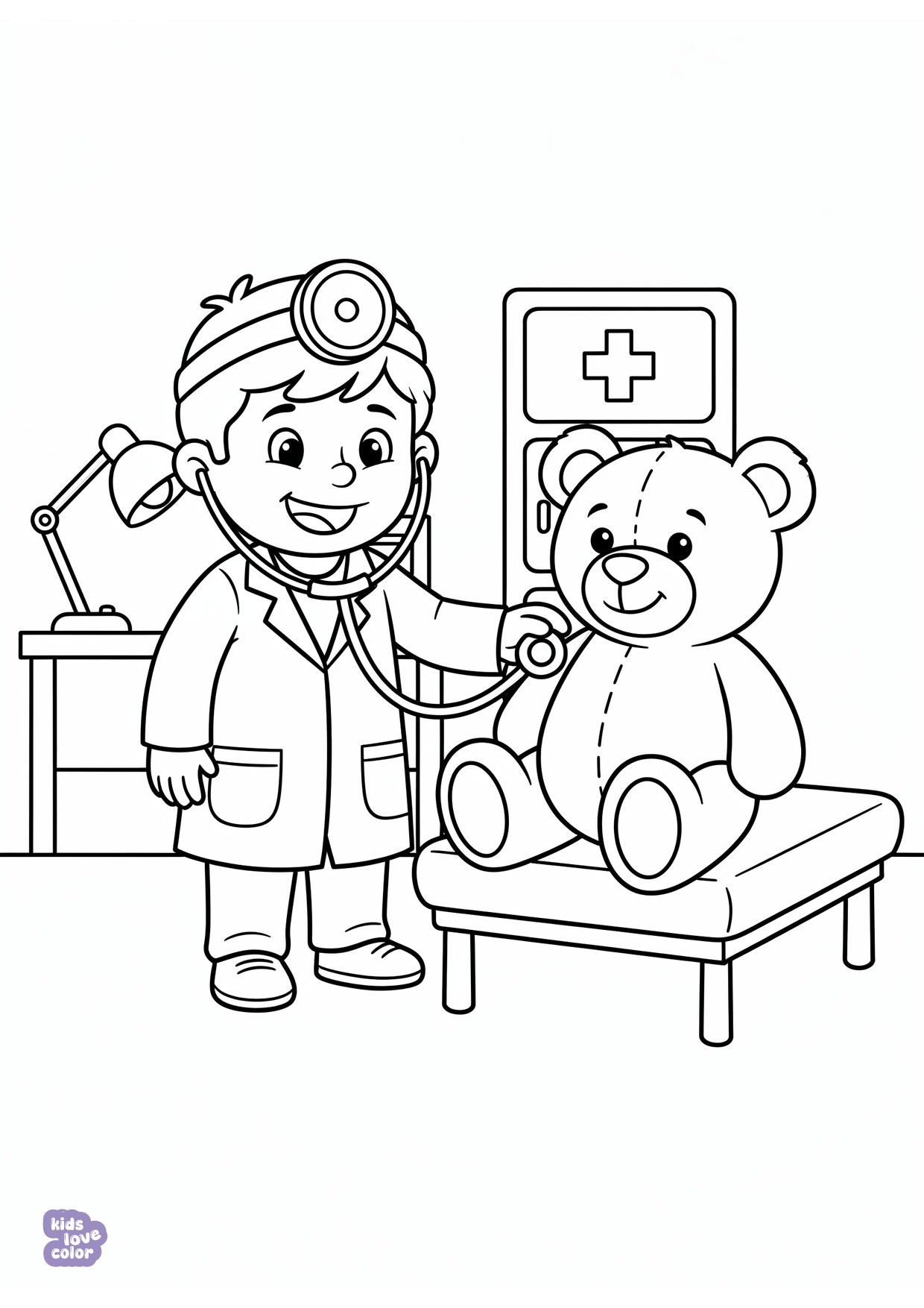 Gratis kleurplaat dokter met stethoscoop die een teddybeer onderzoekt – kinderen