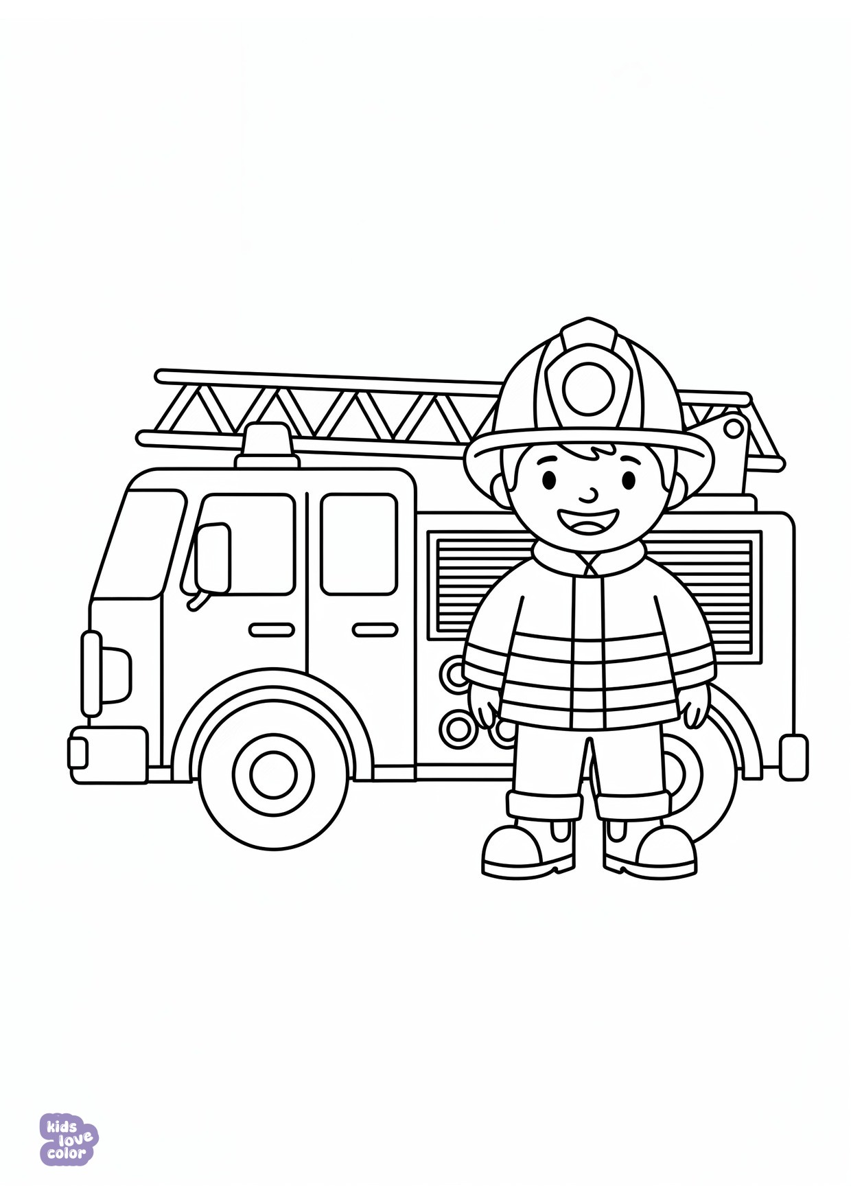 Gratis kleurplaat brandweerman staand naast een brandweerwagen – kinderen