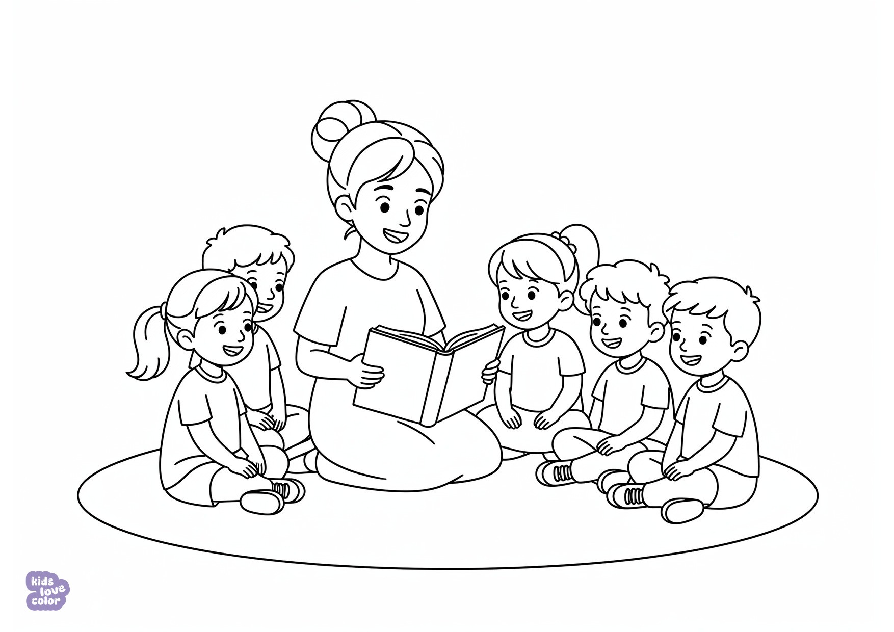 Gratis kleurplaat juf die een boek voorleest aan een groep kinderen – kinderen