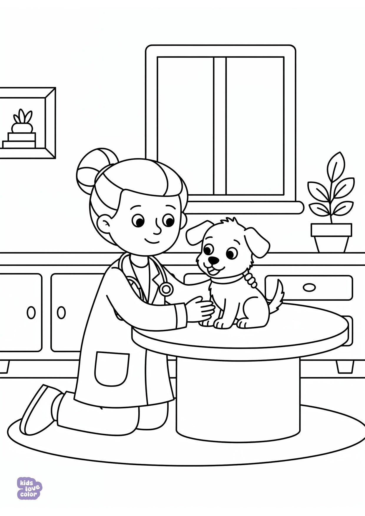 Gratis kleurplaat dierenarts die voorzichtig een puppy onderzoekt – kinderen