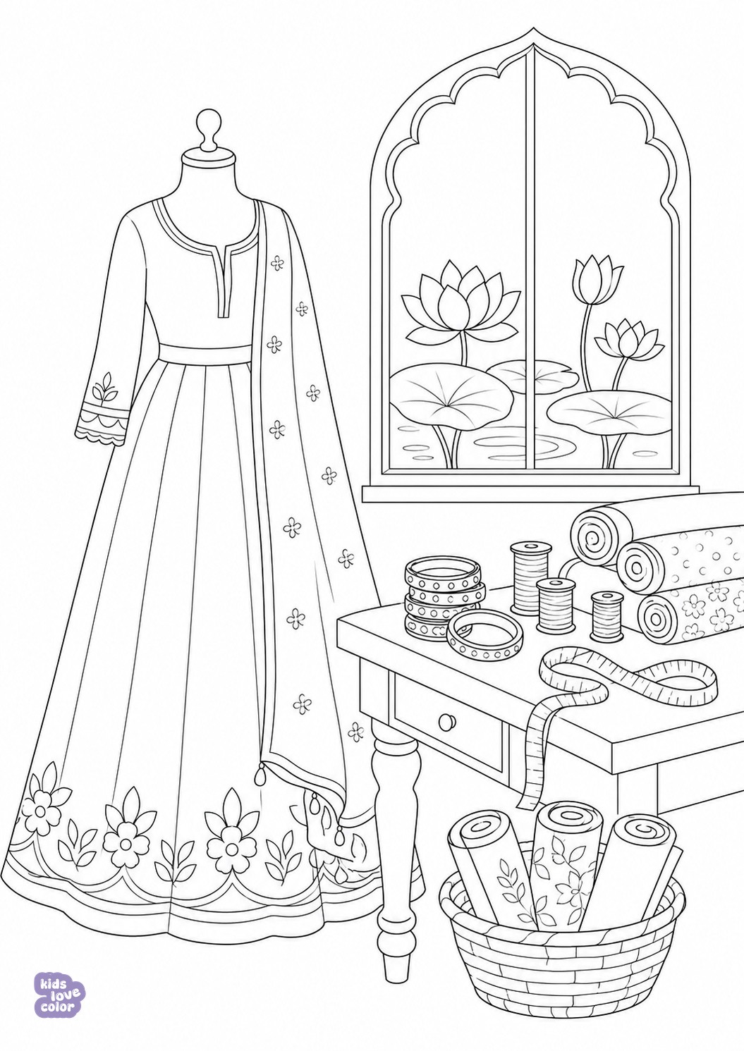 Gratis kleurplaat feestelijk modeatelier in indiase stijl – kinderen