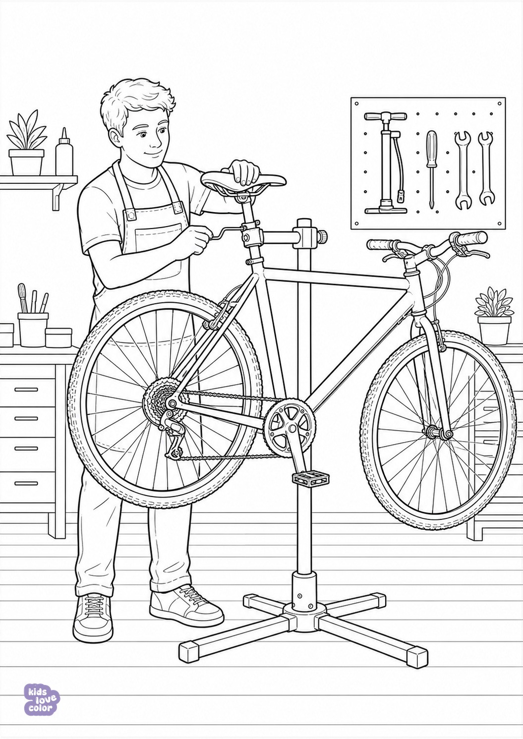 Kleurplaat van een fietsenmaker met twee handen die het zadel van een fiets afstelt