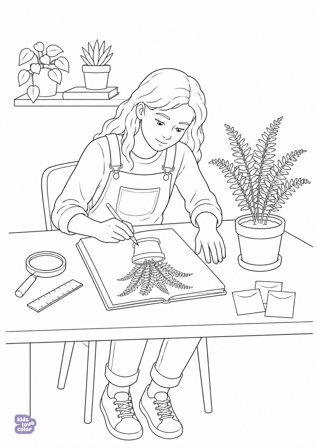 Kleurplaat van een botanisch illustrator die met twee handen een varen in een open schetsboek tekent