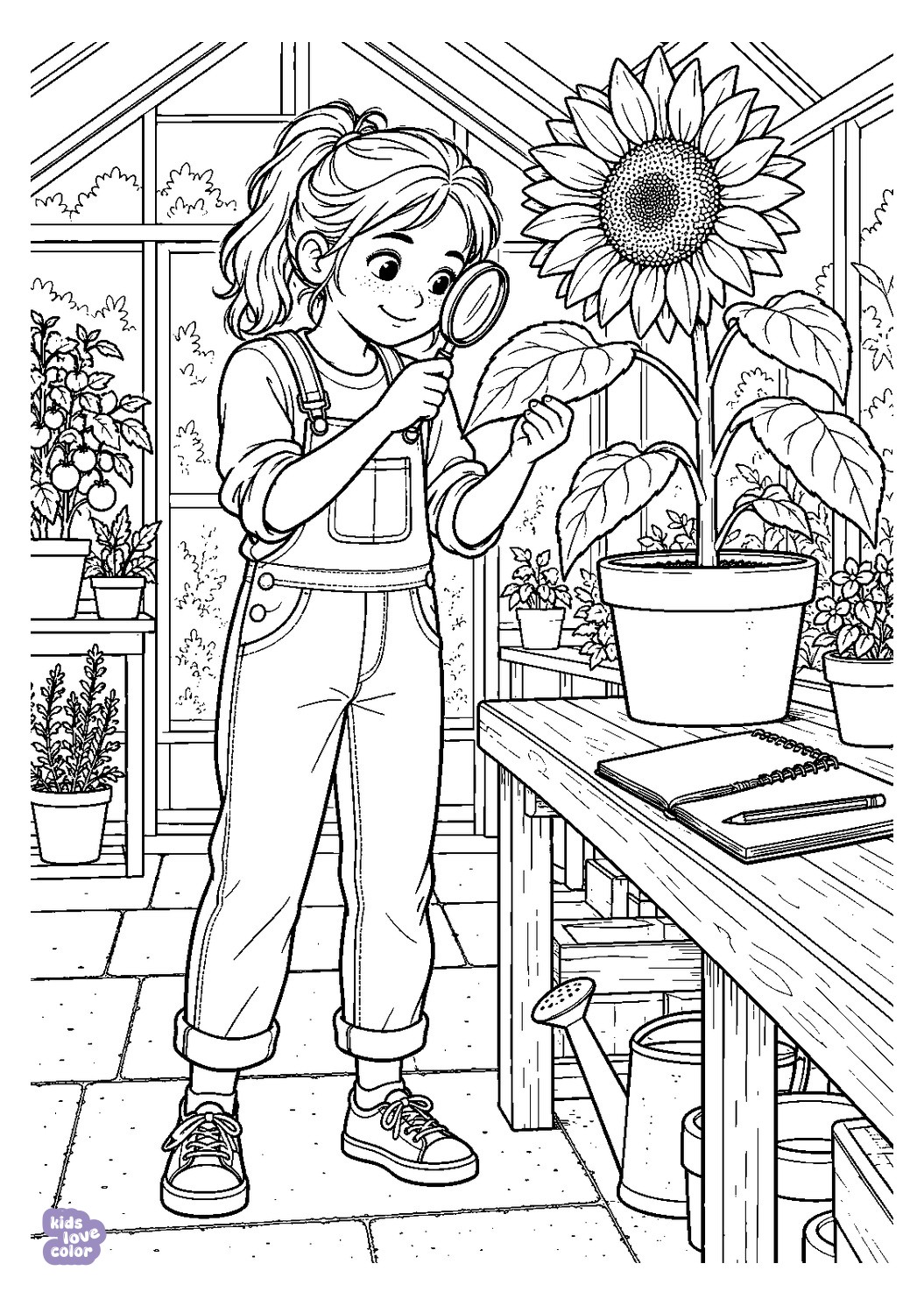 Kleurplaat van een jonge botanicus die een zonnebloemblad met een vergrootglas bekijkt