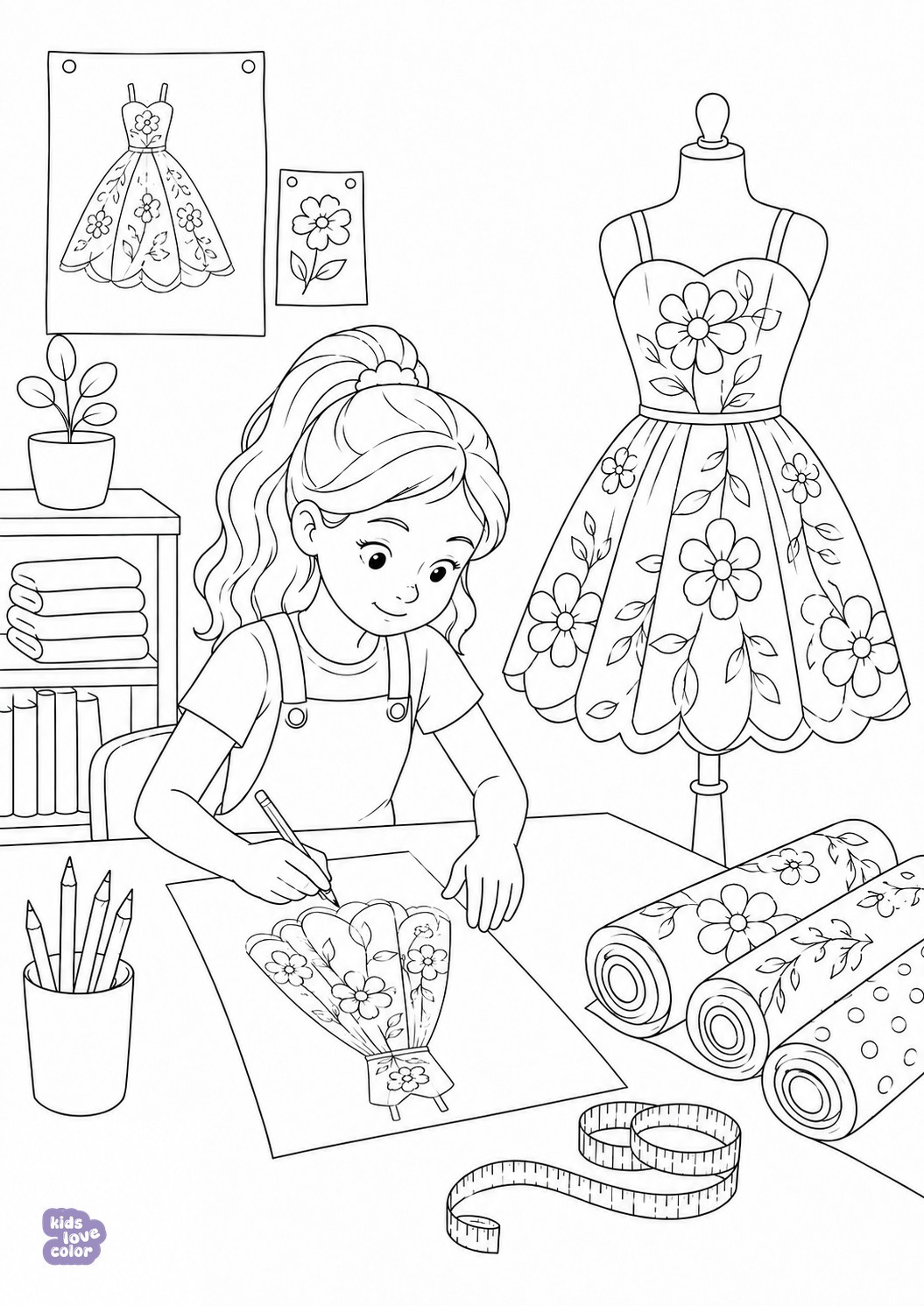 Gratis kleurplaat jonge modeontwerper in een bloemenatelier – kinderen
