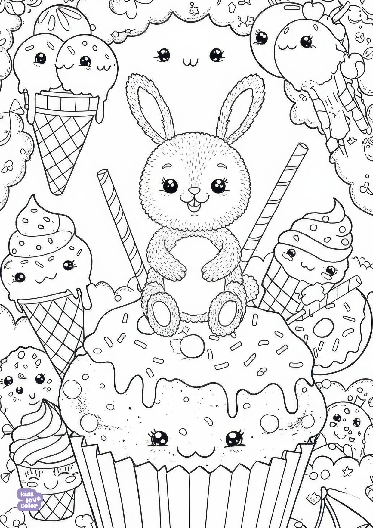 Gratis kleurplaat kawaii konijn op cupcake