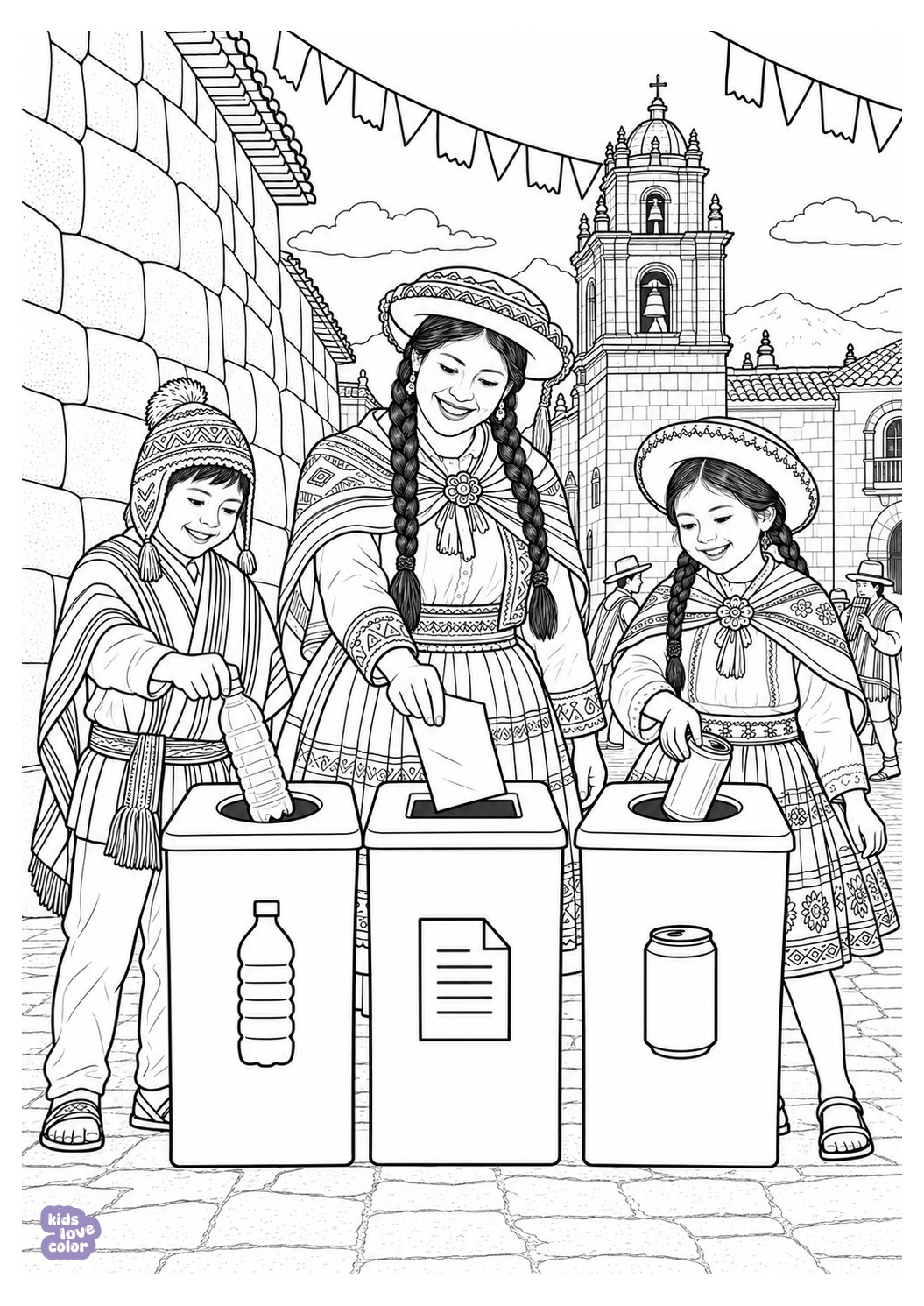 Realistische kleurplaat van drie mensen in Andes-kleding die fles papier en blik scheiden in Cusco