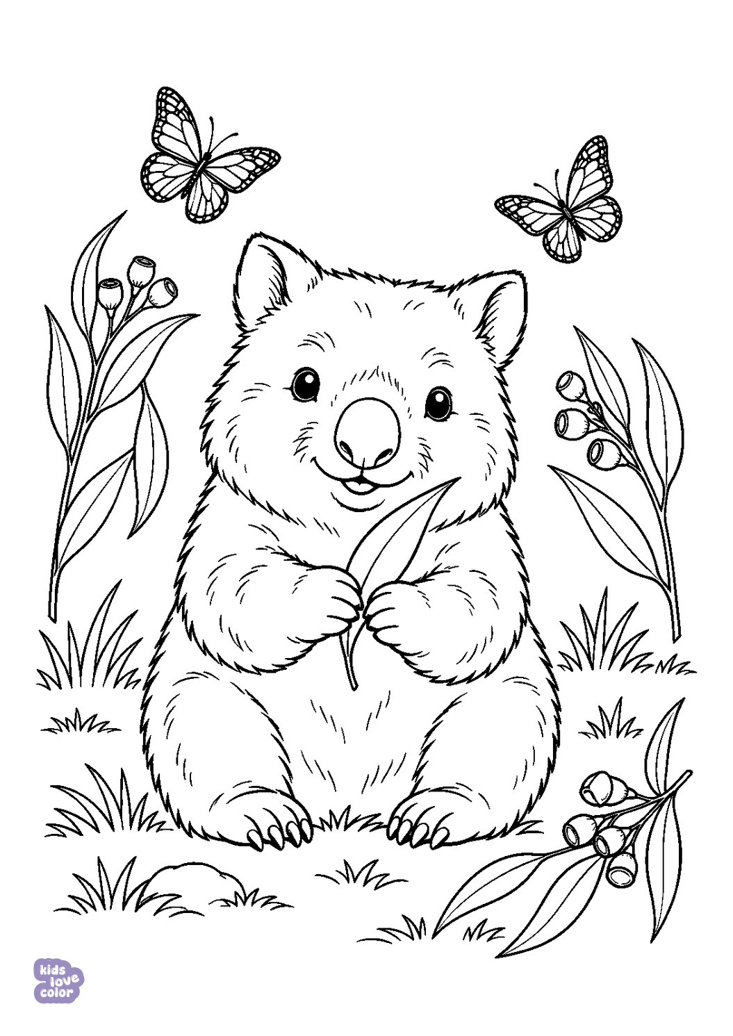 Eenvoudige kleurplaat van een babywombat met eucalyptusblad en twee vlinders