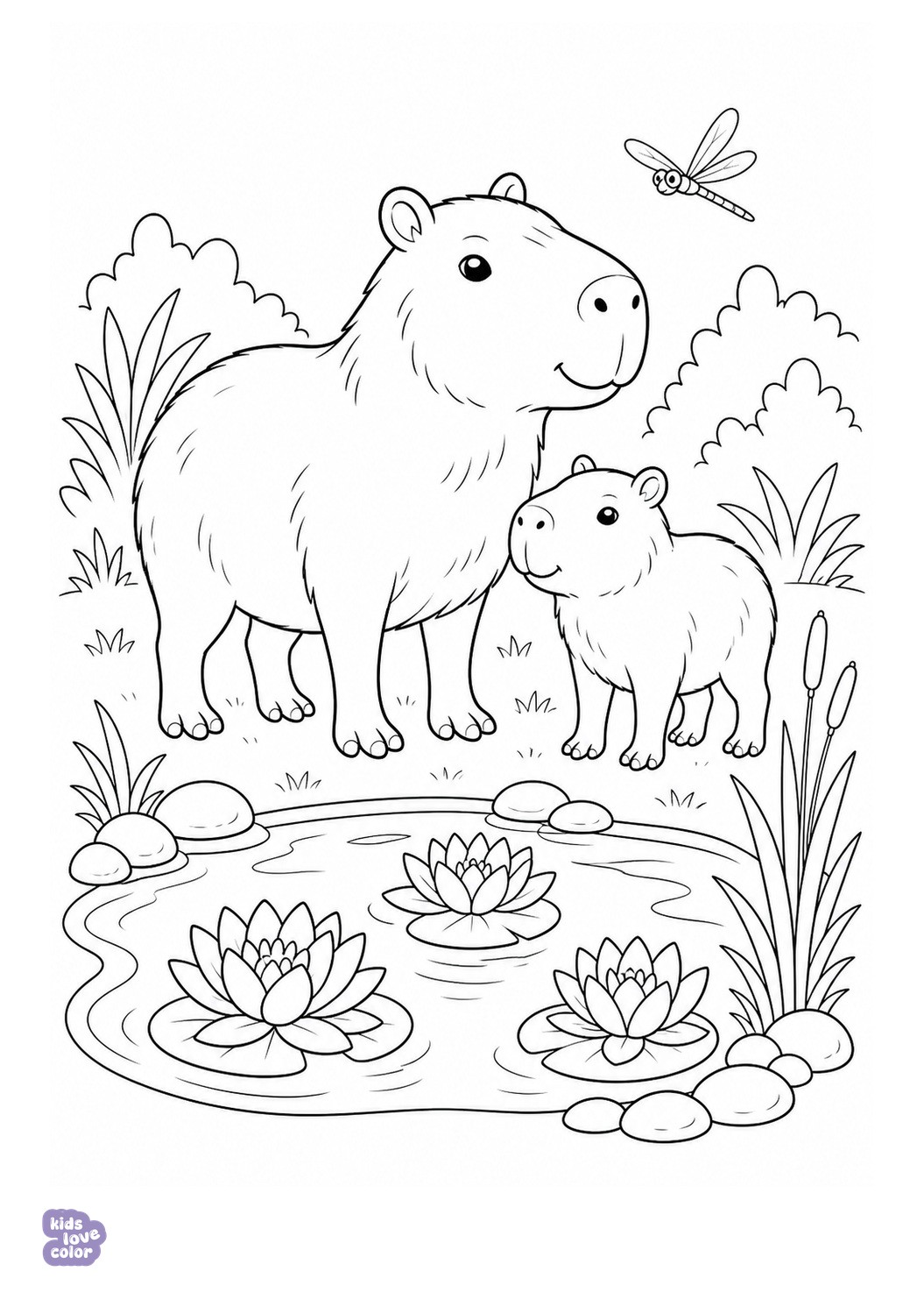 Makkelijke kleurplaat van een capibara ouder en jong bij een vijver met drie waterlelies
