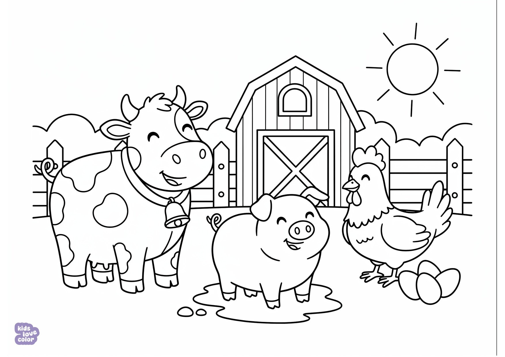 Gratis kleurplaat boerderijscène met koe, varken en kip – kinderen