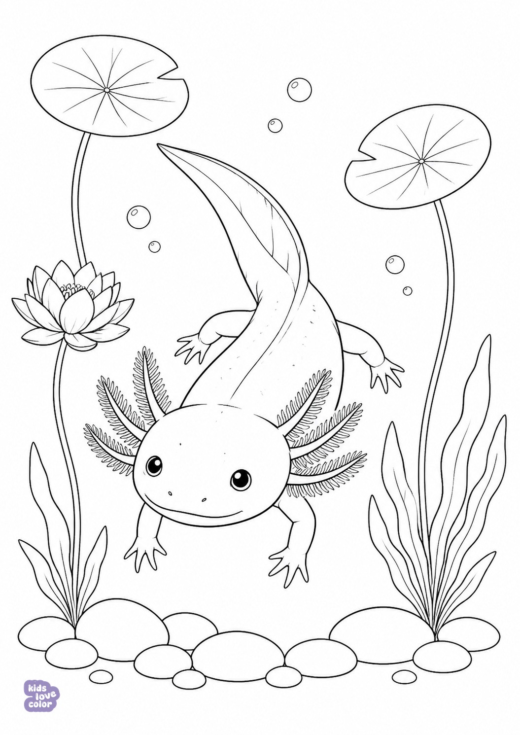 Makkelijke kleurplaat van een vriendelijke axolotl met vier pootjes tussen waterlelies