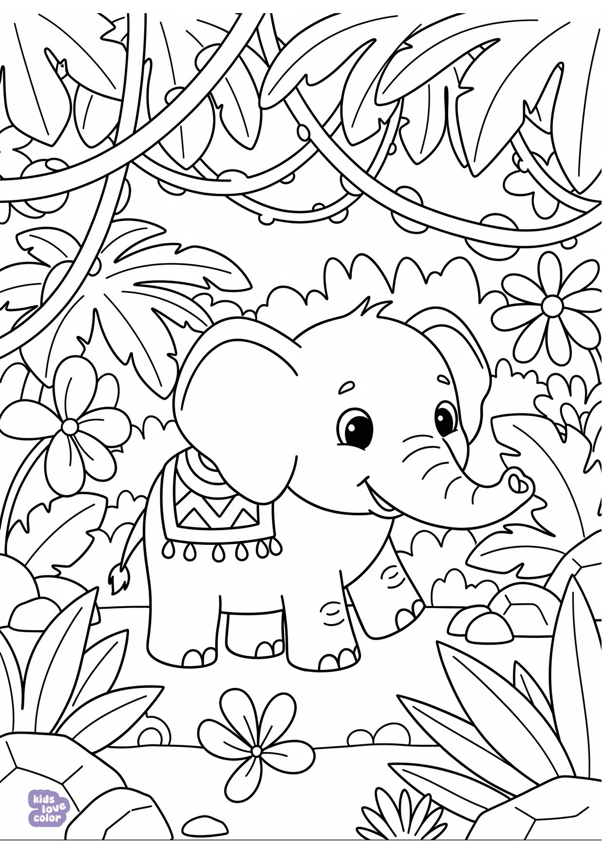 Gratis kleurplaat olifant wandelend in de jungle – kinderen