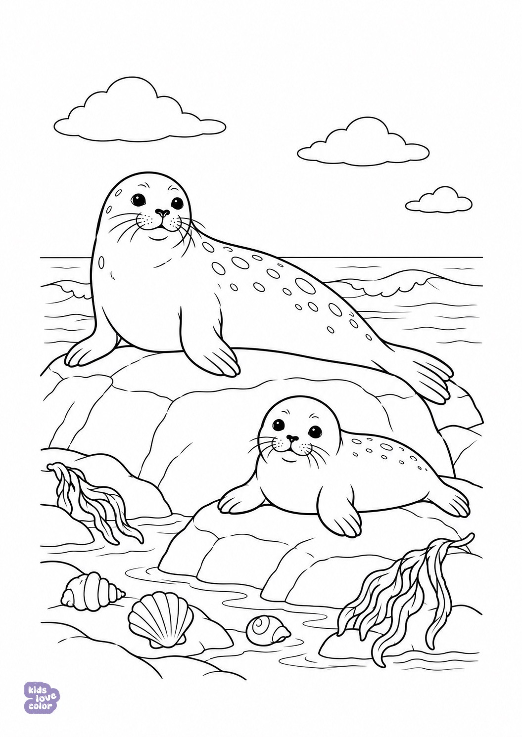 Twee zeehonden op rotsen met schelpen, zeewier en golven.