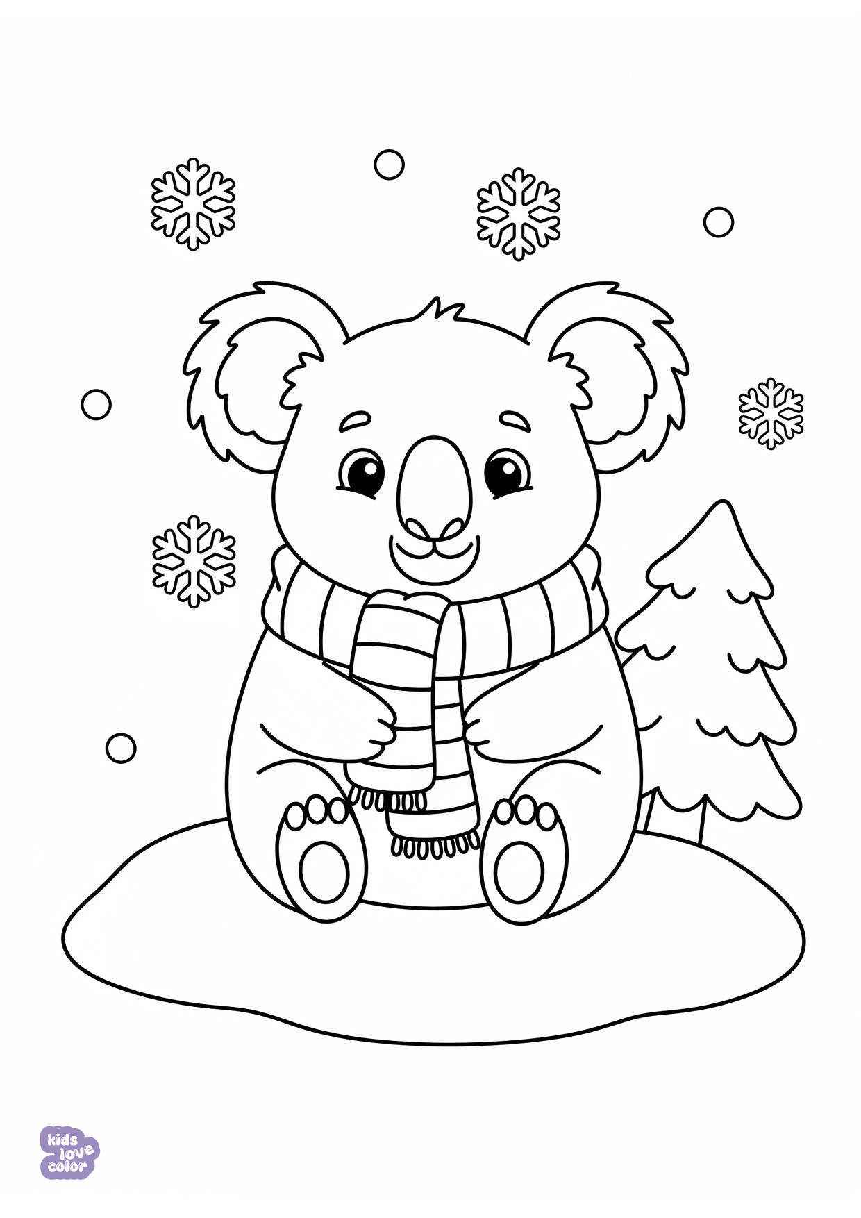 Gratis kleurplaat koala gewikkeld in een warme sjaal op een koude winterdag – kinderen
