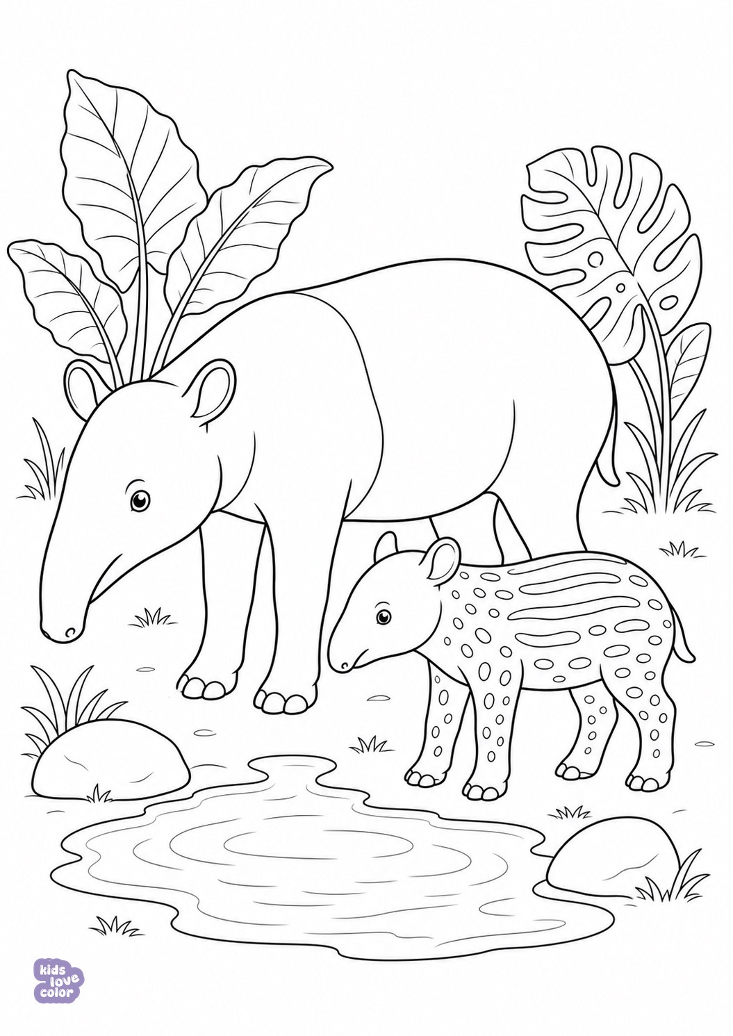Makkelijke kleurplaat van een Maleise tapir en haar gestreepte jong bij een regenwoudplas