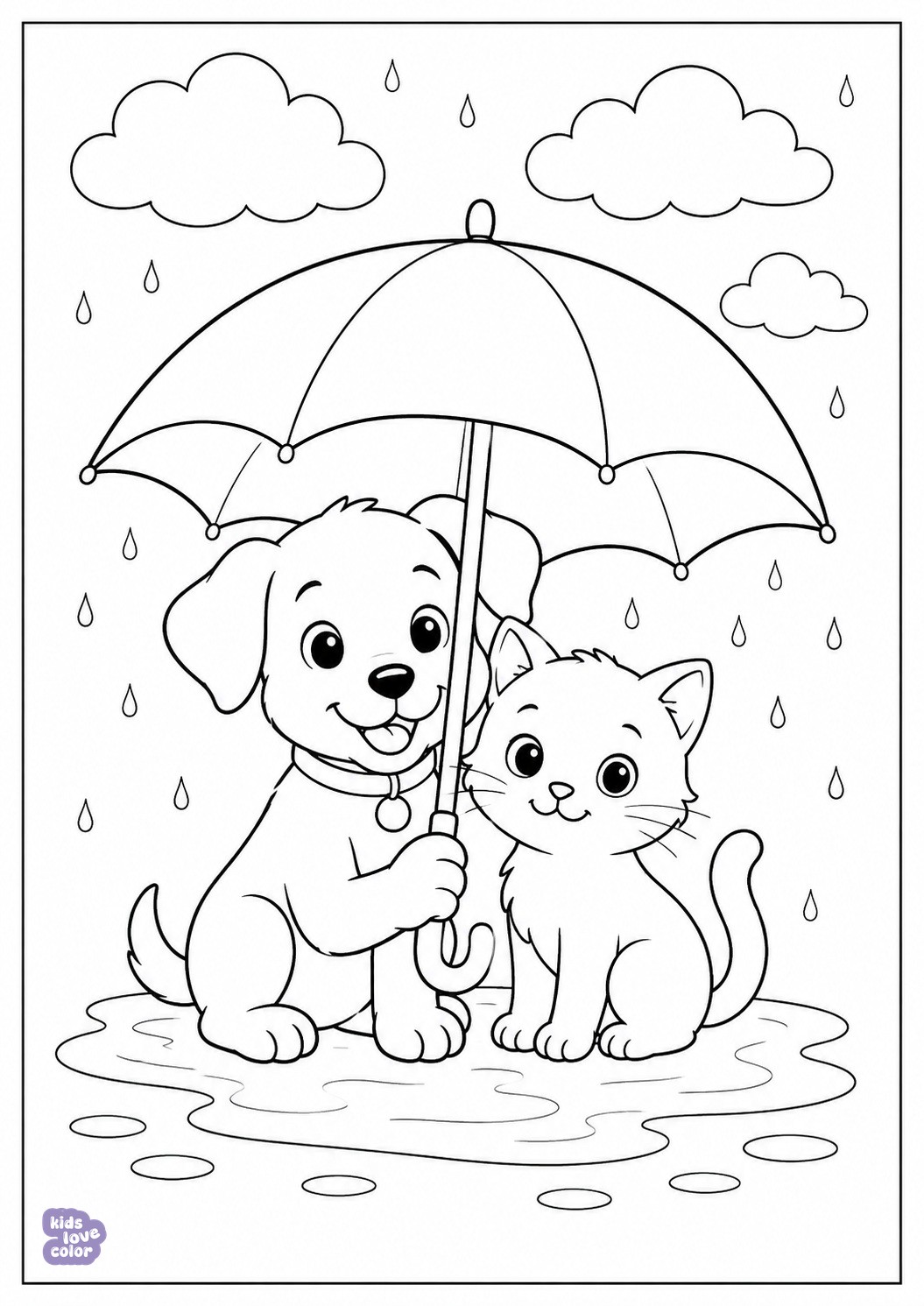 Gratis kleurplaat van een puppy en kitten onder een paraplu