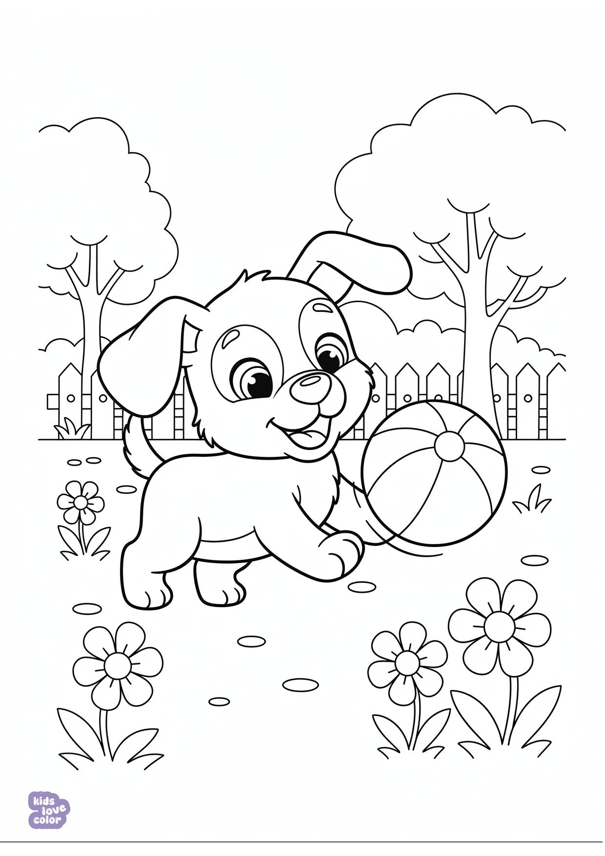 Gratis kleurplaat puppy spelend met een bal in de tuin – kinderen