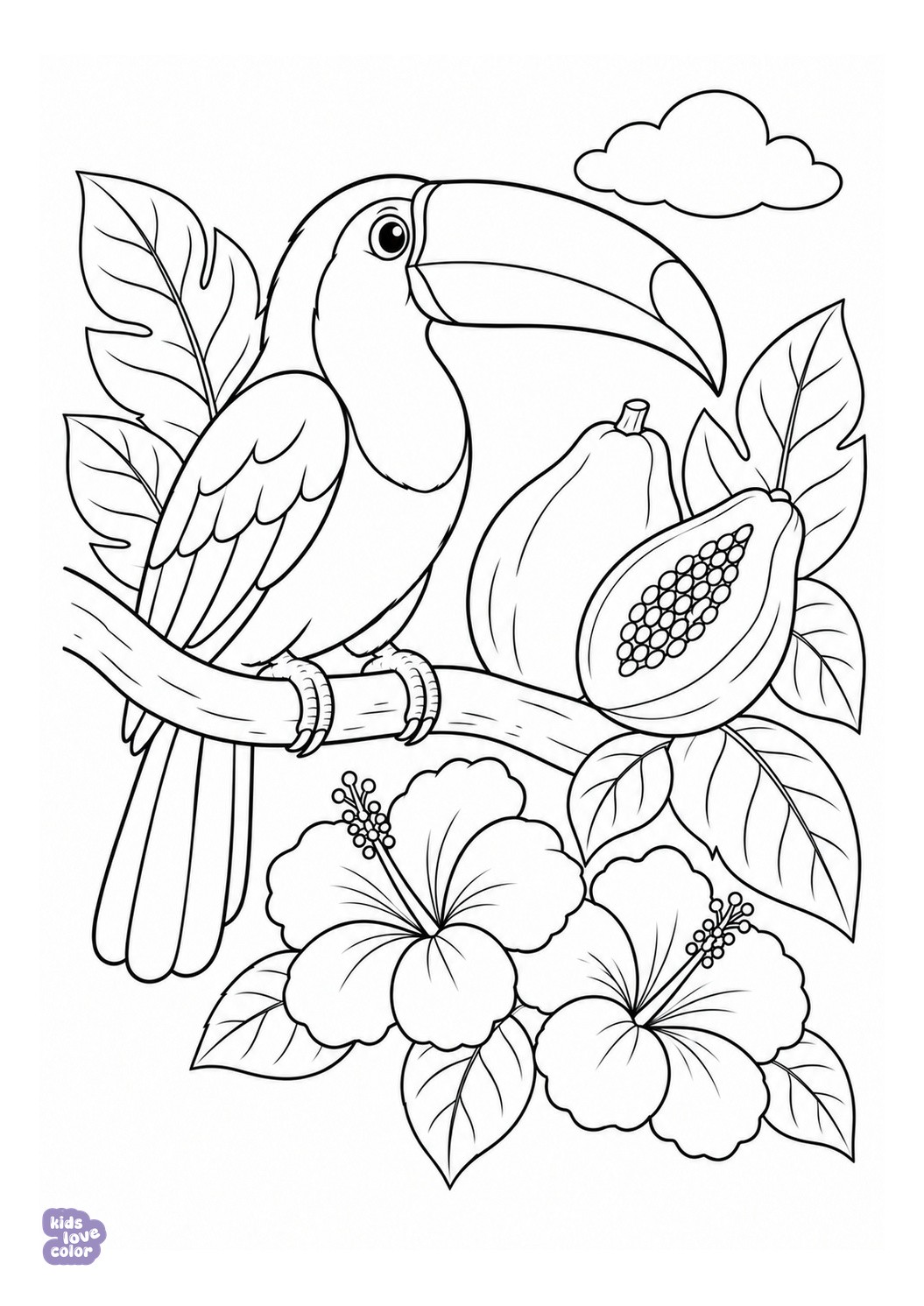 Toekan op een tak met papaja's, brede bladeren en bloemen.
