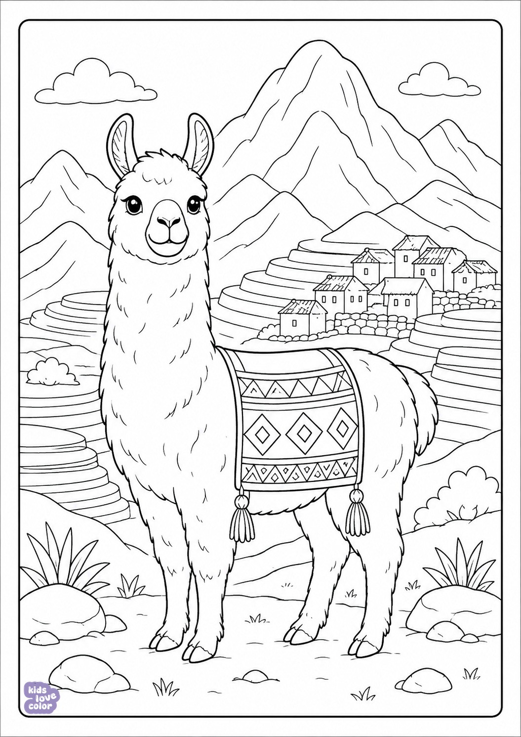 Gratis kleurplaat van een lama tussen Andesbergen en terrassen
