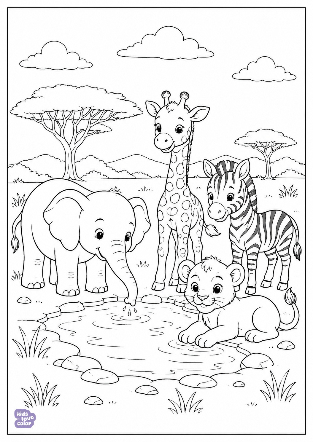 Gratis kleurplaat van vier babysafaridieren bij een waterpoel
