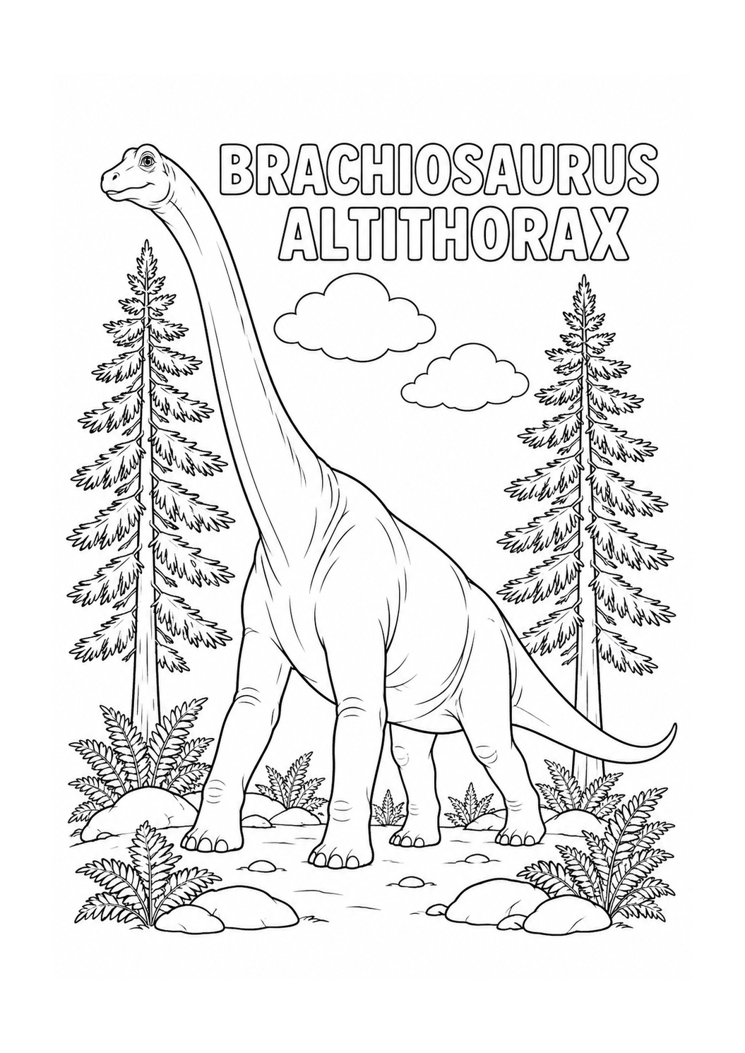 Kleurplaat: Brachiosaurus altithorax bij Hoge Coniferen