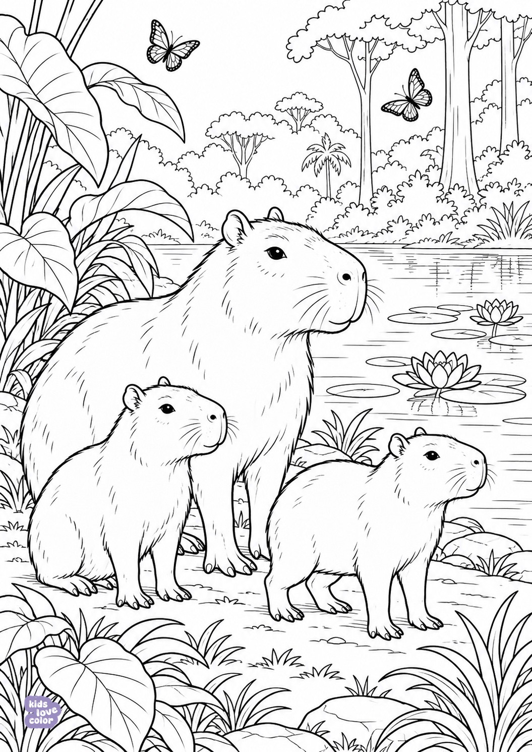 Gratis kleurplaat van drie capibara’s bij een regenwoudvijver – kinderen