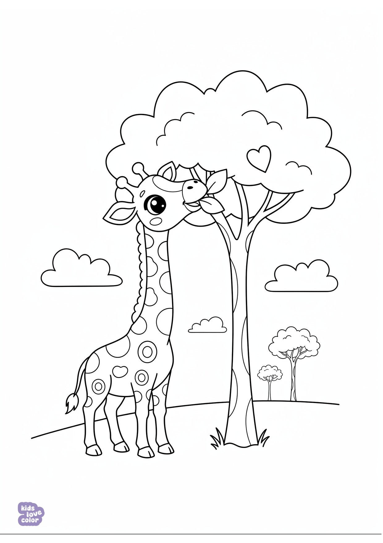 Gratis kleurplaat giraffe etend van bladeren uit een hoge boom – kinderen