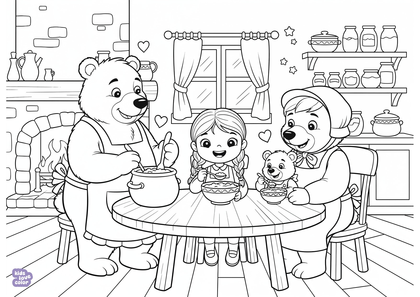 Gratis kleurplaat meisje dat pap eet met drie beren – kinderen