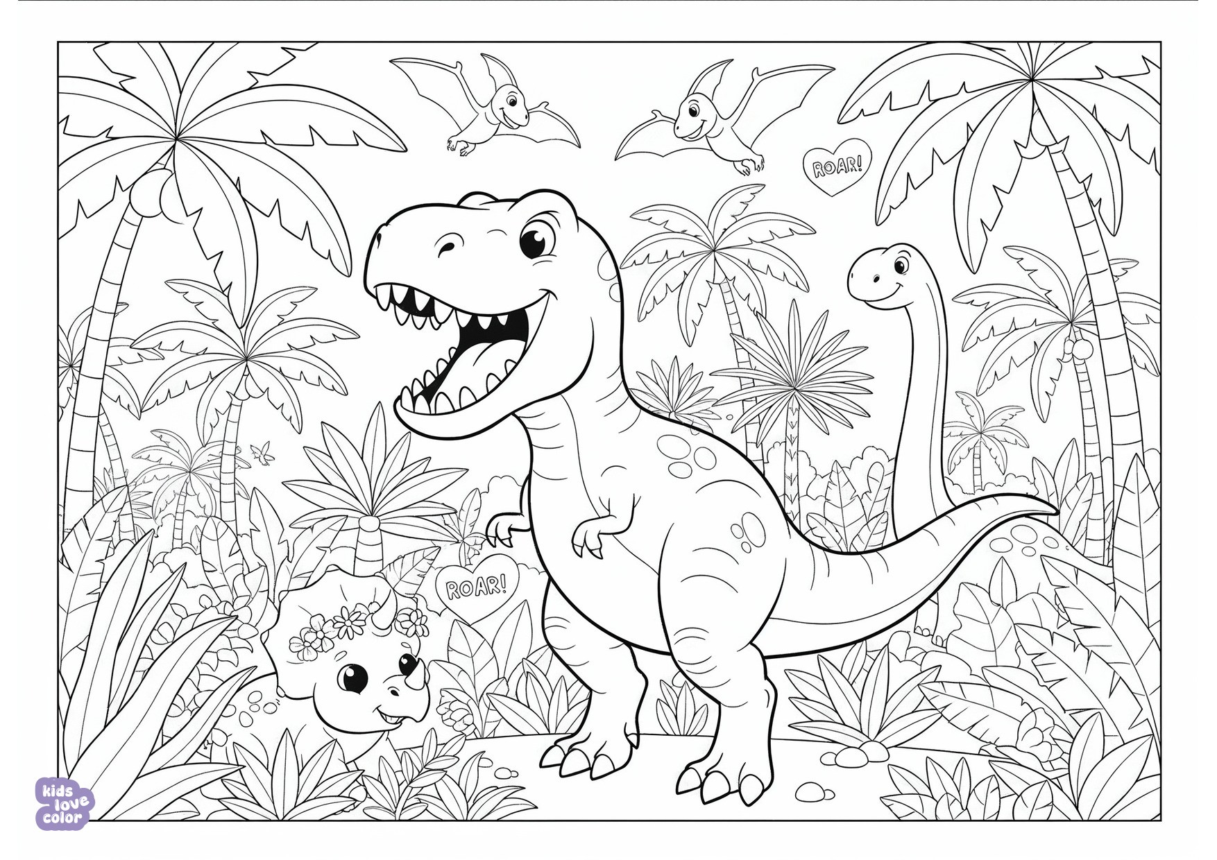 Gratis kleurplaat t-rex dinosaurus brullend in een oerwoud – kinderen