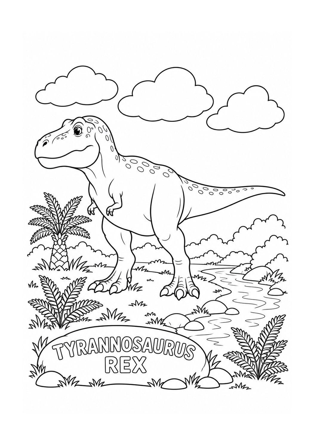 Kleurplaat: Tyrannosaurus rex bij een Bosbeek
