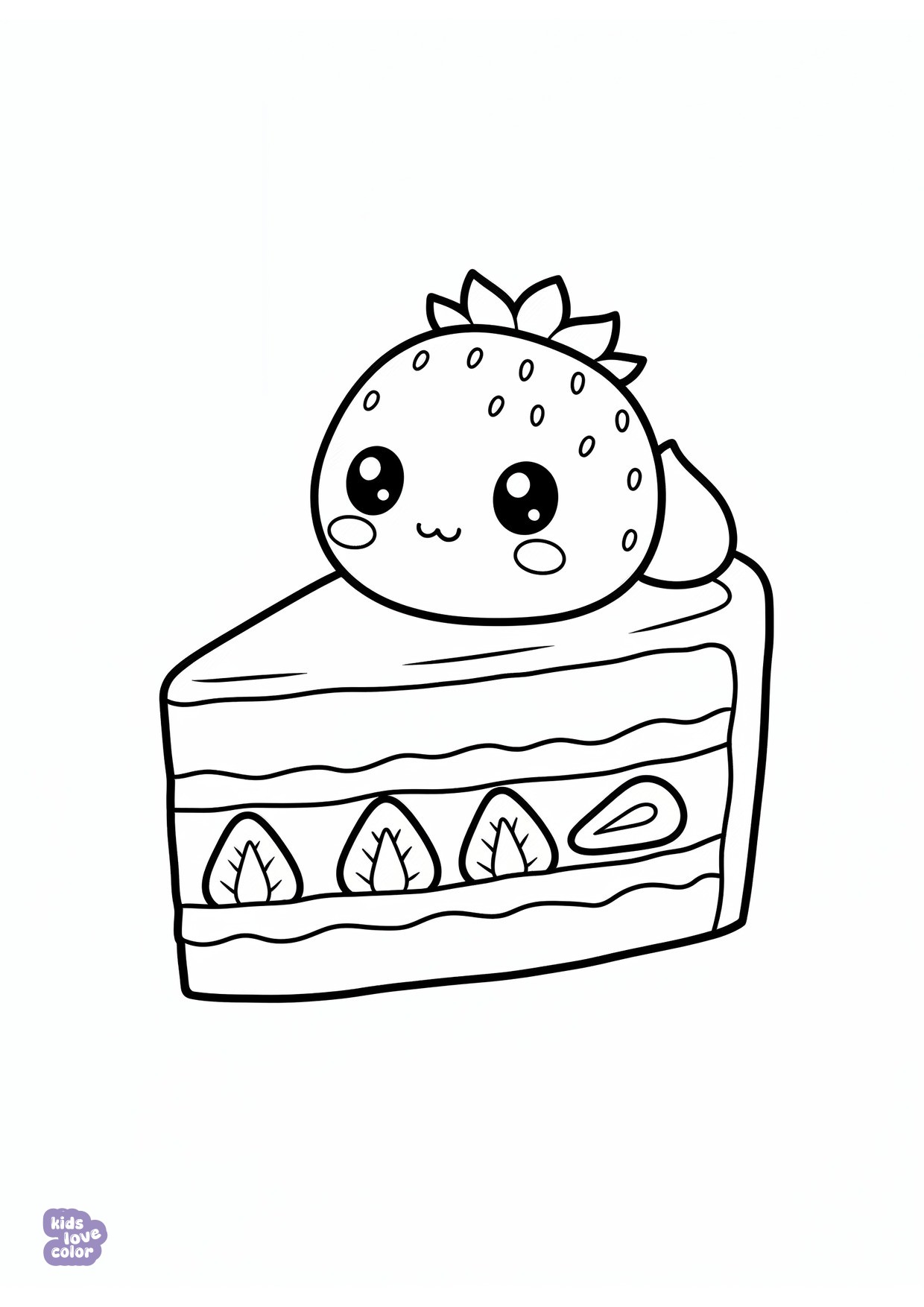 Gratis kleurplaat chibi aardbeientaartpuntje met een schattig gezichtje – kinderen
