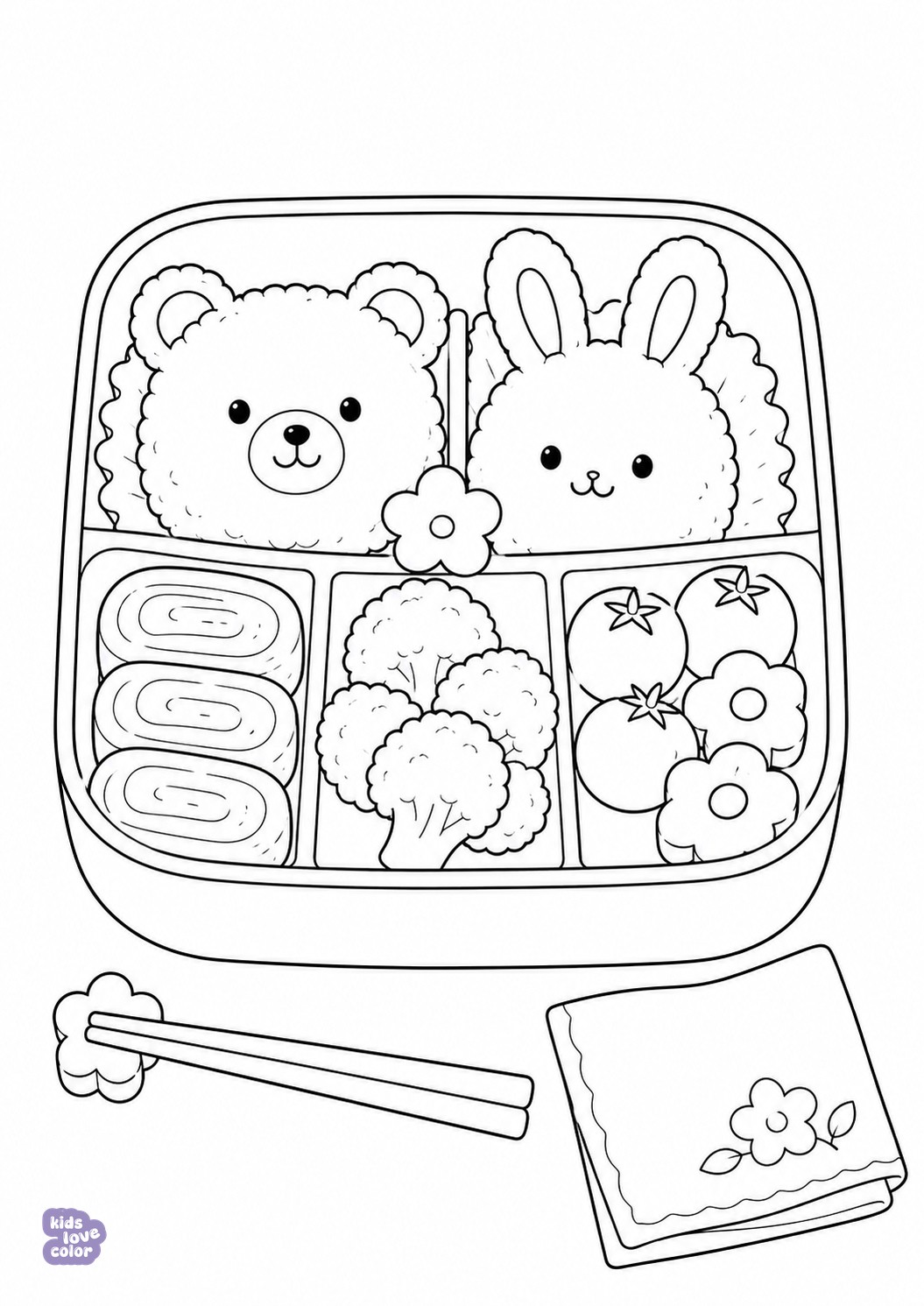 Gratis kleurplaat schattige japanse bentolunch – kinderen