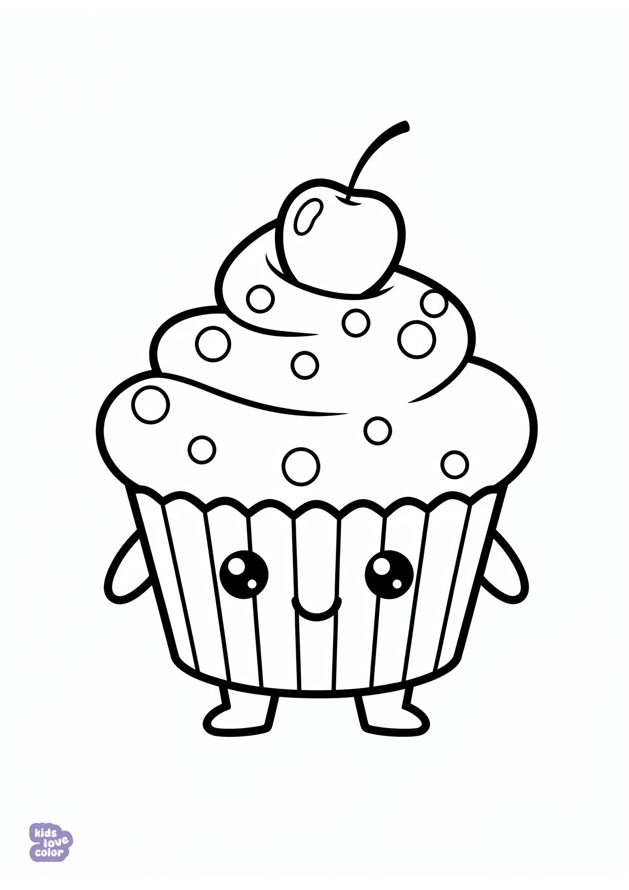 Gratis kleurplaat kawaii cupcake met spikkels en een kers – kinderen