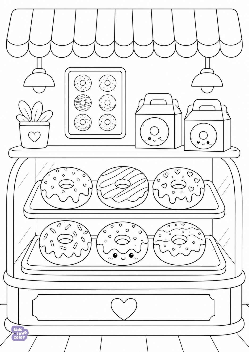 Gratis kleurplaat kawaii donutboetiek – kinderen