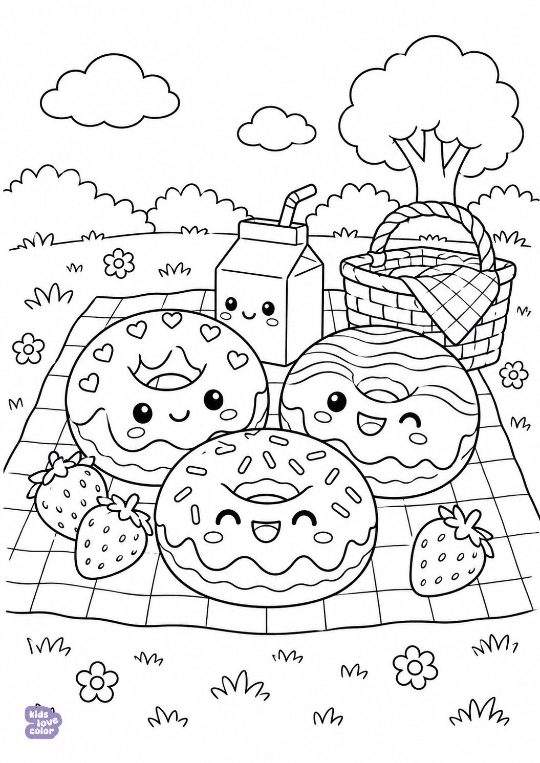 Gratis makkelijke kleurplaat van drie kawaii donuts op een picknickkleed – kinderen