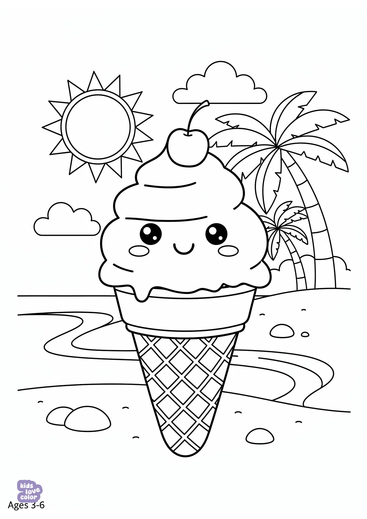 Gratis kleurplaat kawaii ijshoorntje met een blij gezicht op het strand – kinderen