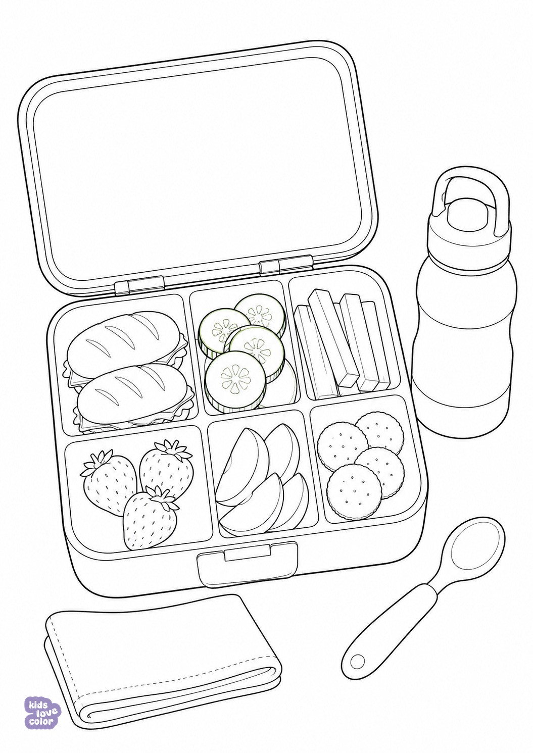 Kleurplaat van een open lunchbox met zes vakken, fruit en gezonde hapjes naast een fles, servet en lepel