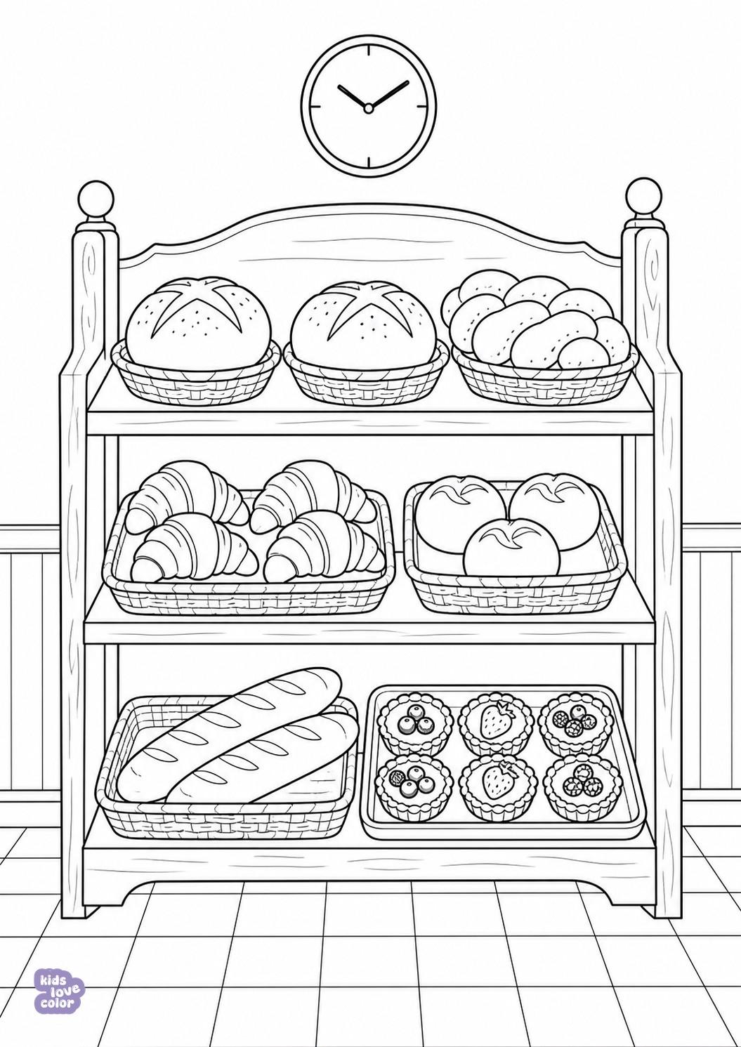 Kleurplaat van een nette bakkerijplank vol verschillende broden, broodjes en gebakjes