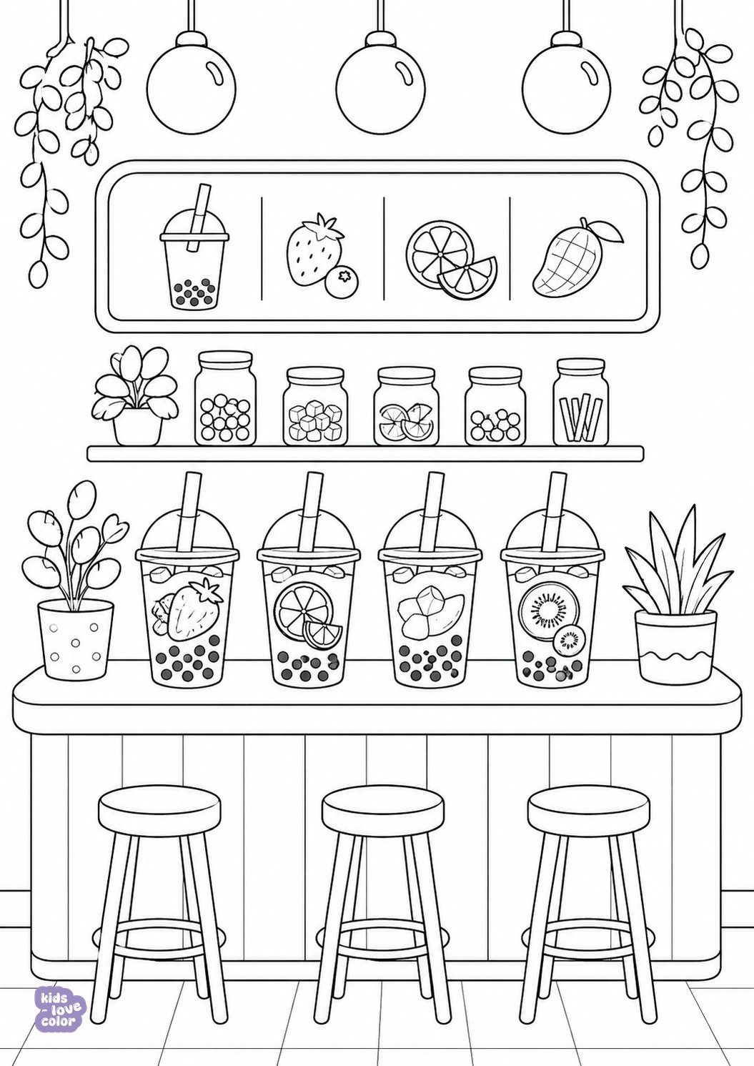 Gratis kleurplaat bubble tea-café – kinderen